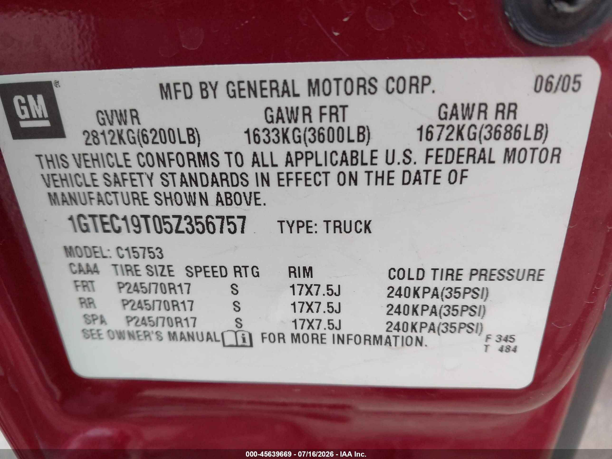 2005 Gmc Sierra 1500 Sle Burgundy vin: 1GTEC19T05Z356757