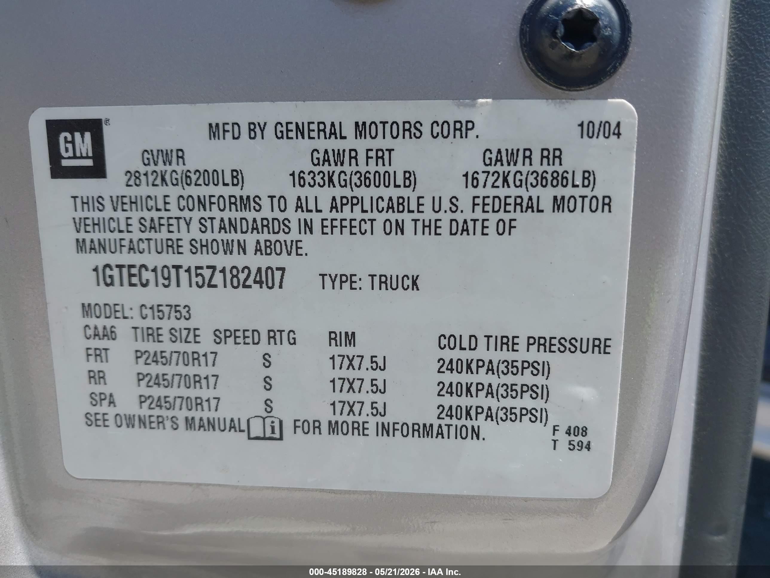 2005 Gmc Sierra 1500 Sle Beige vin: 1GTEC19T15Z182407
