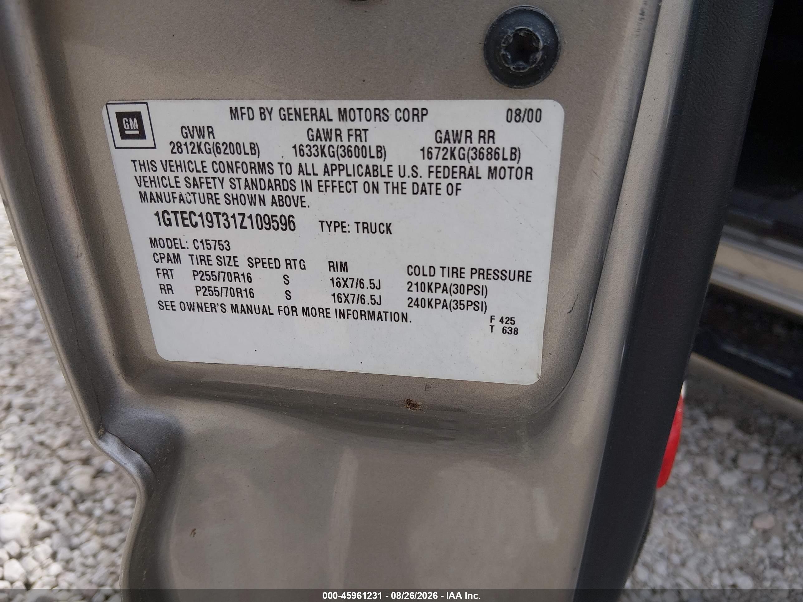 2001 Gmc Sierra 1500 Sle Gold vin: 1GTEC19T31Z109596
