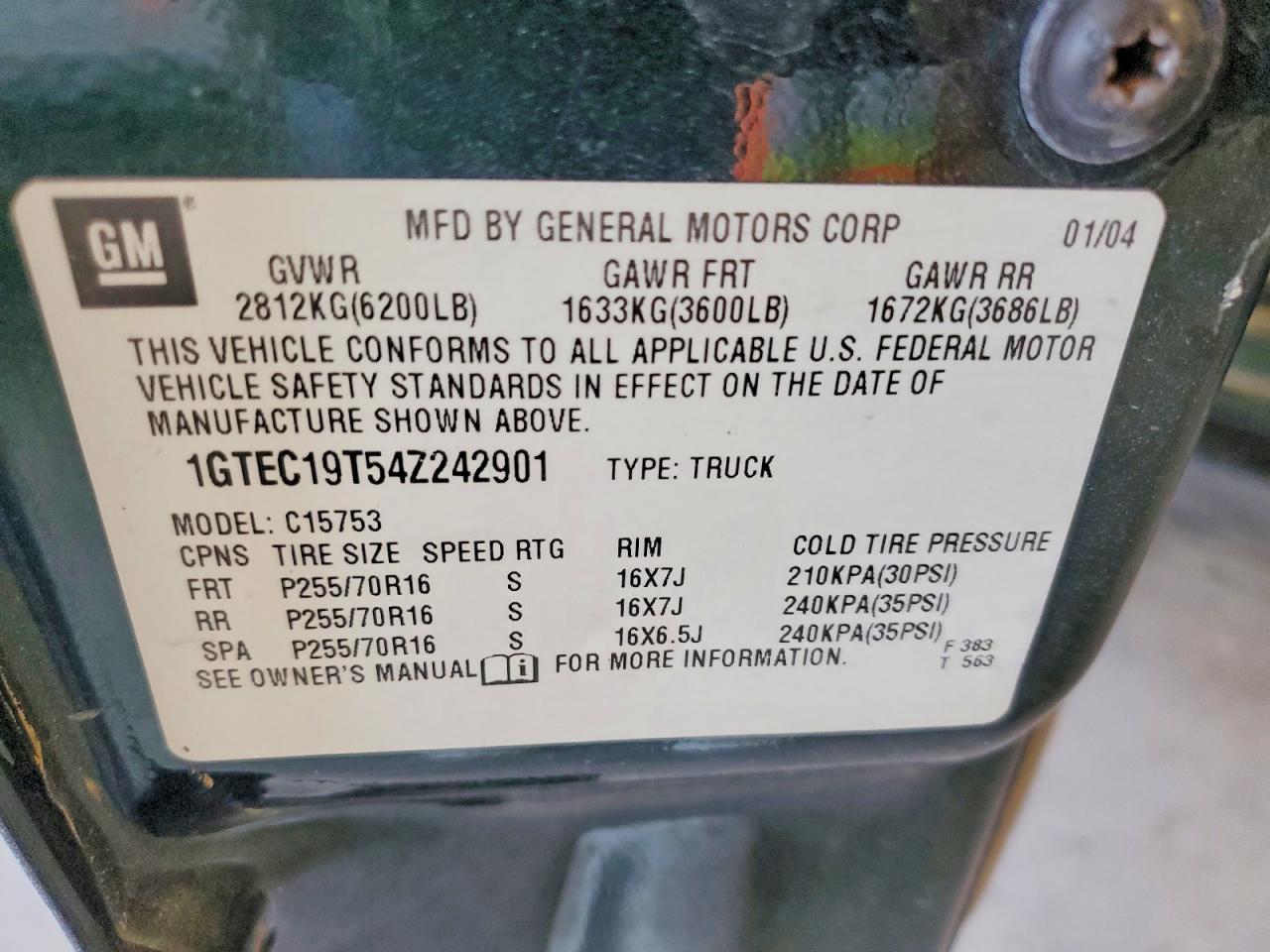 2004 Gmc New Sierra C1500 Green vin: 1GTEC19T54Z242901