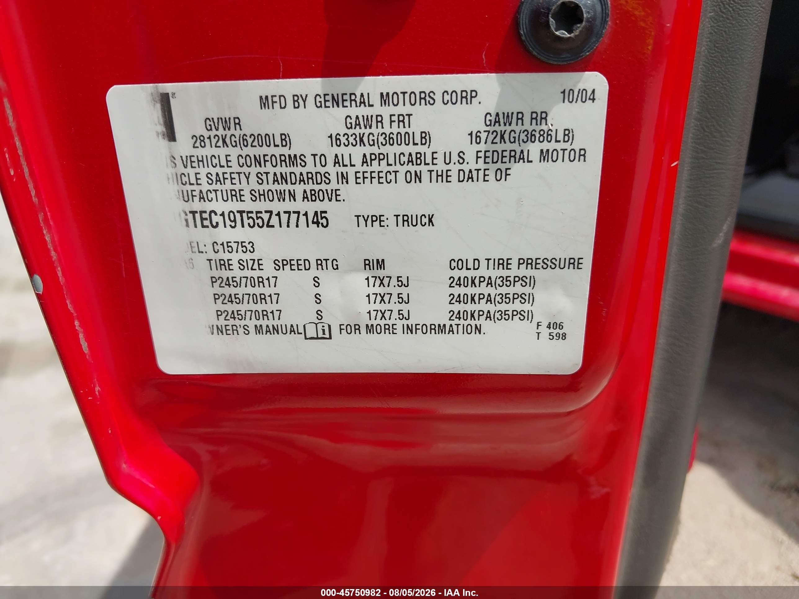 2005 Gmc Sierra 1500 Slt Red vin: 1GTEC19T55Z177145