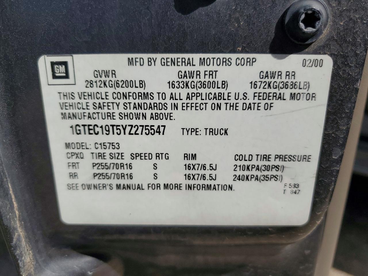 2000 Gmc New Sierra C1500 Gray vin: 1GTEC19T5YZ275547