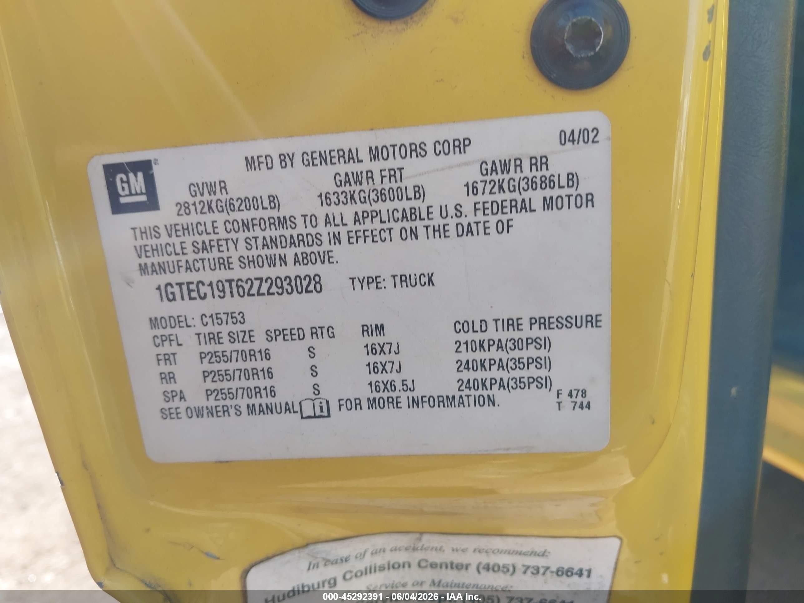 2002 Gmc Sierra 1500 Sle Yellow vin: 1GTEC19T62Z293028