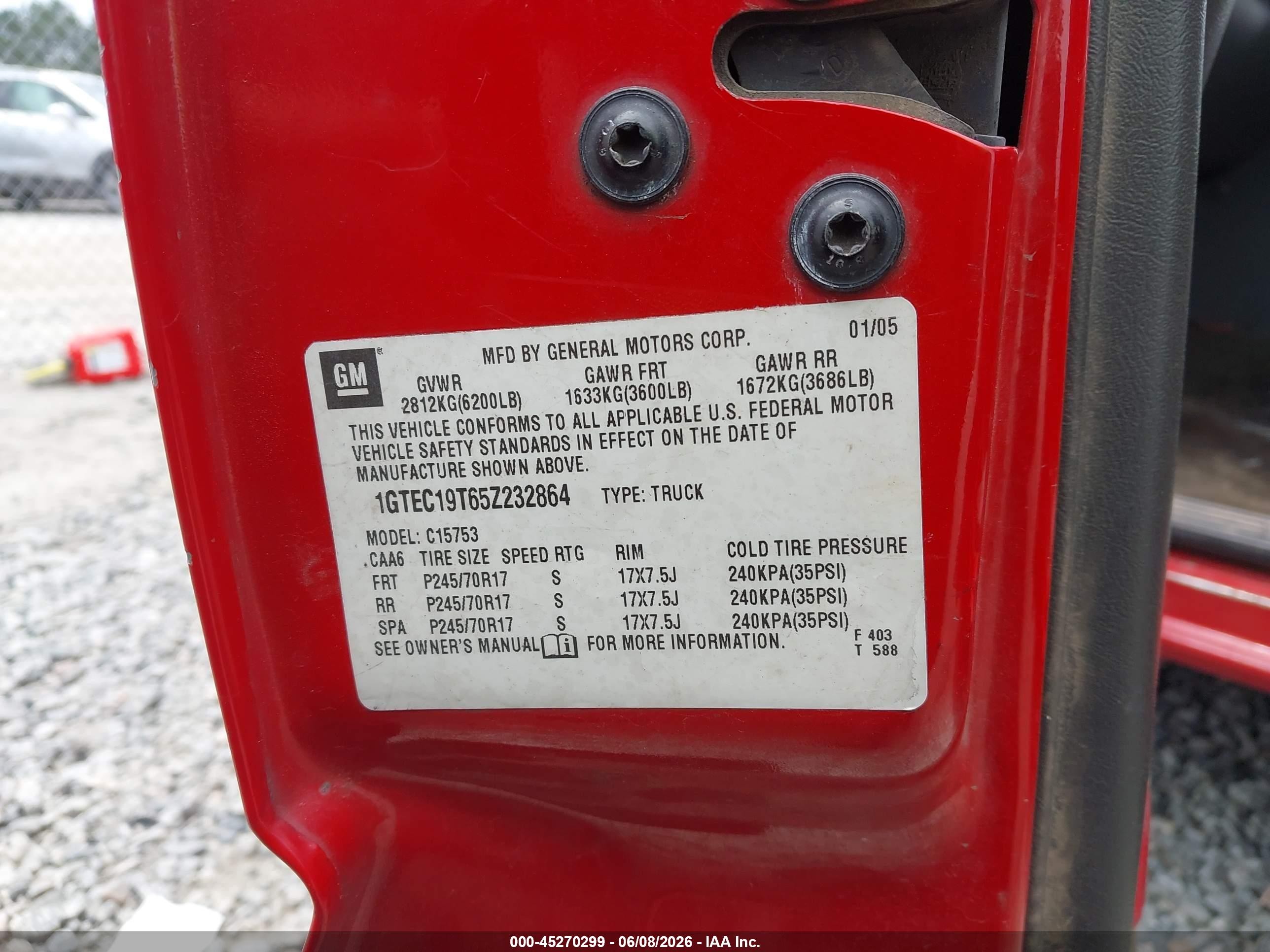 2005 Gmc Sierra 1500 Sle Red vin: 1GTEC19T65Z232864