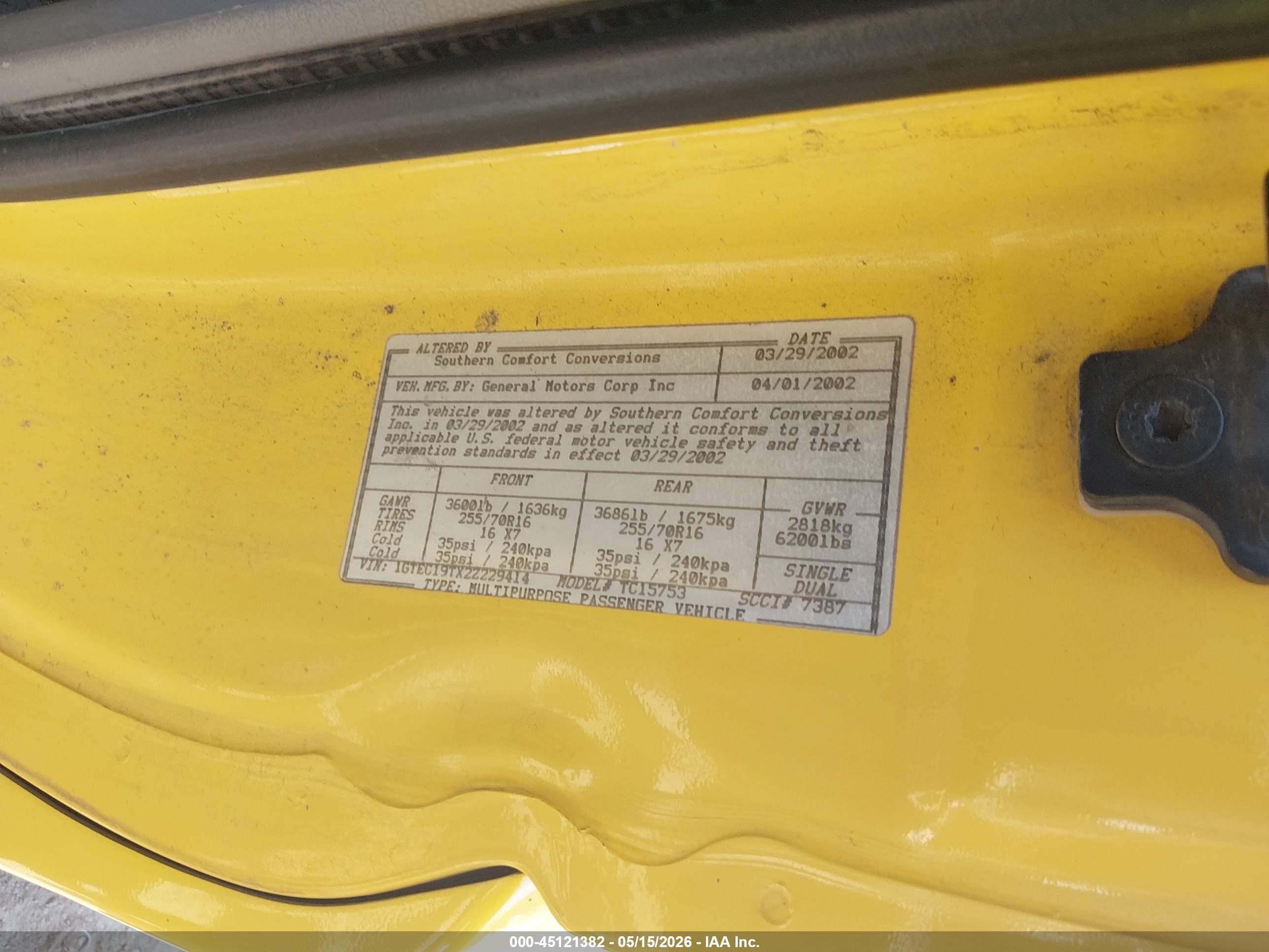 2002 Gmc Sierra 1500 Sle Yellow vin: 1GTEC19TX2Z229414