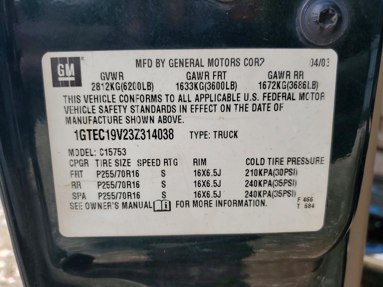2003 Gmc New Sierra C1500 Зеленый vin: 1GTEC19V23Z314038