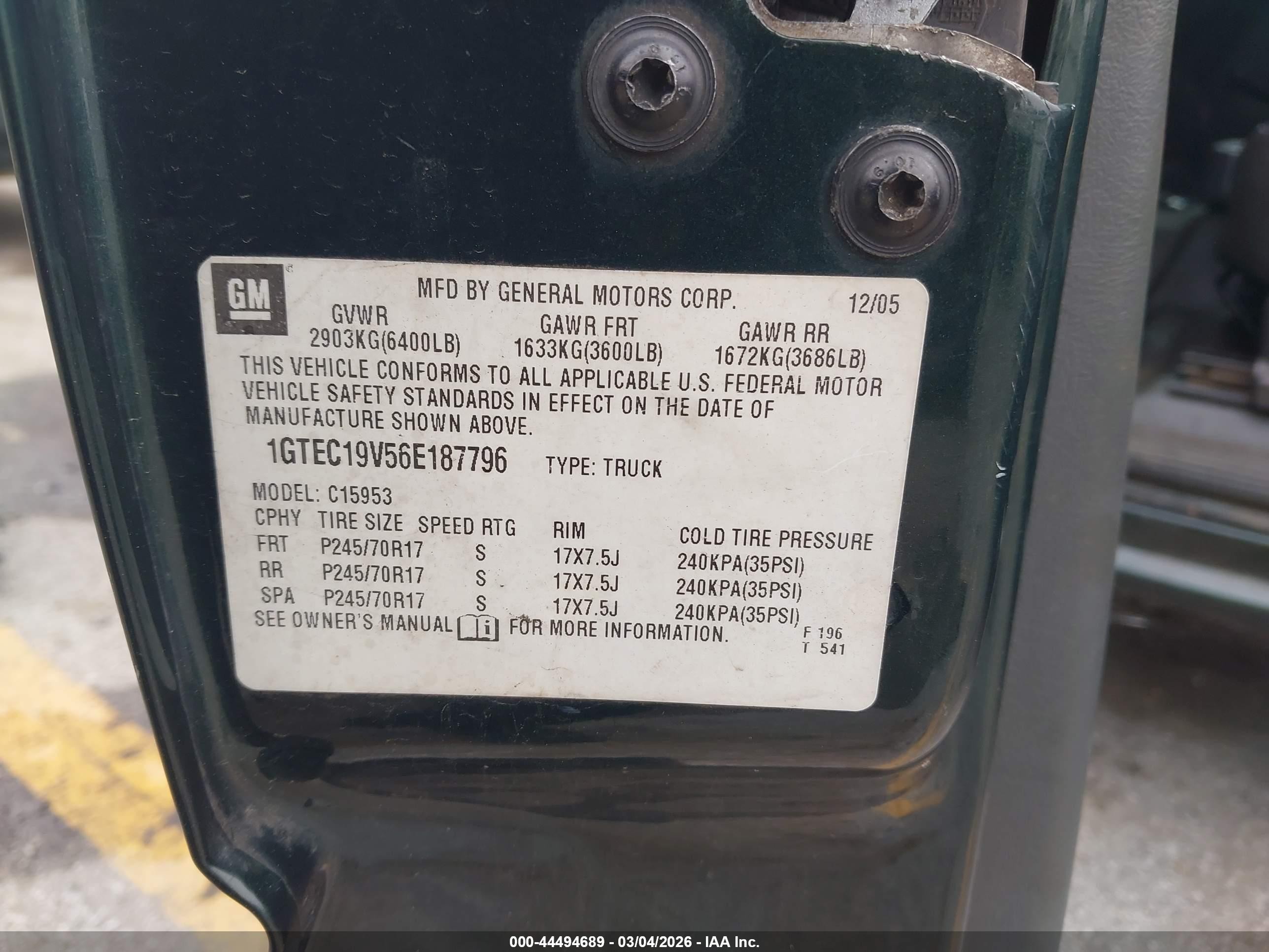 2006 Gmc Sierra 1500 Work Truck Green vin: 1GTEC19V56E187796