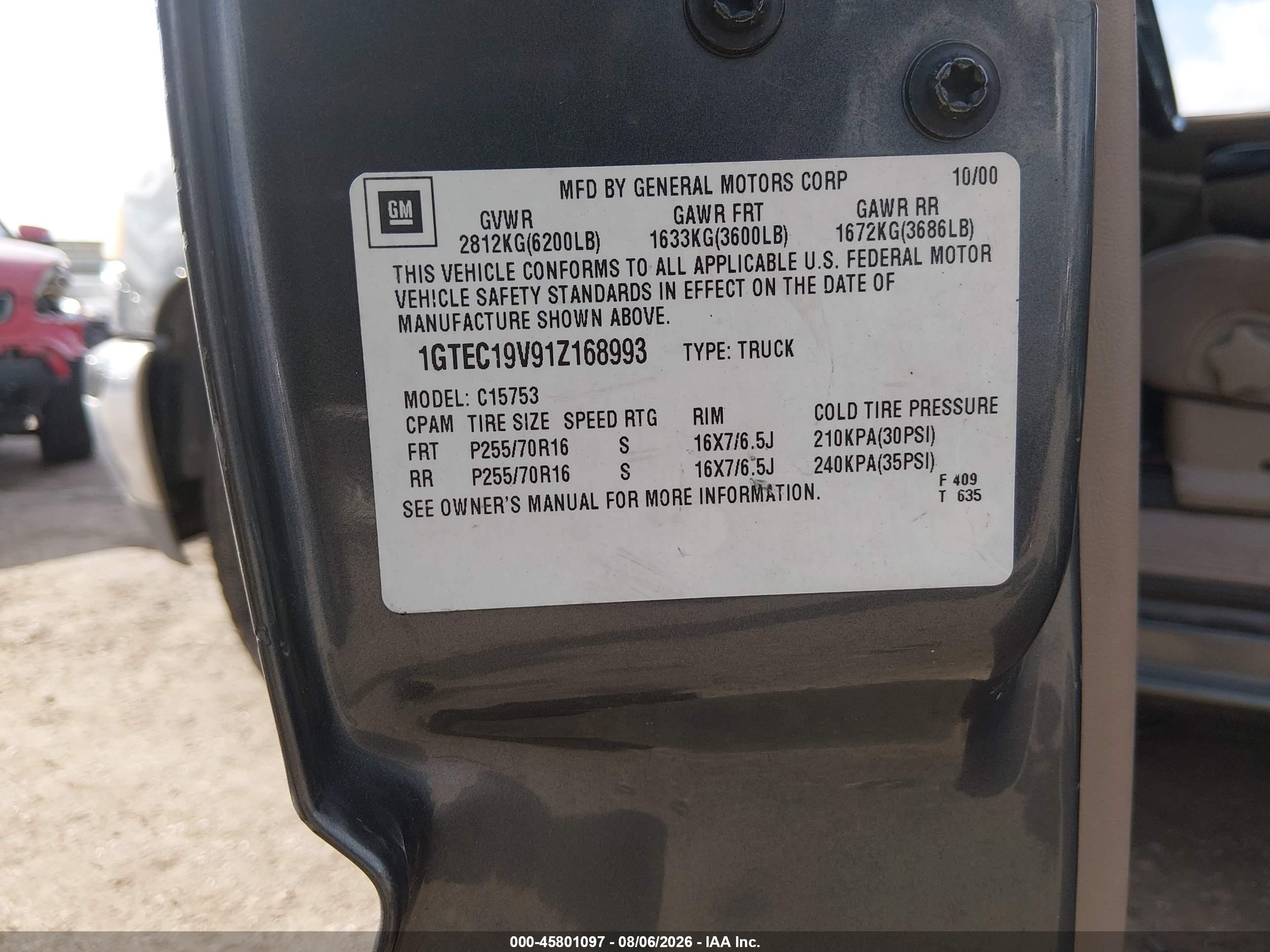 2001 Gmc Sierra 1500 Sle Gray vin: 1GTEC19V91Z168993