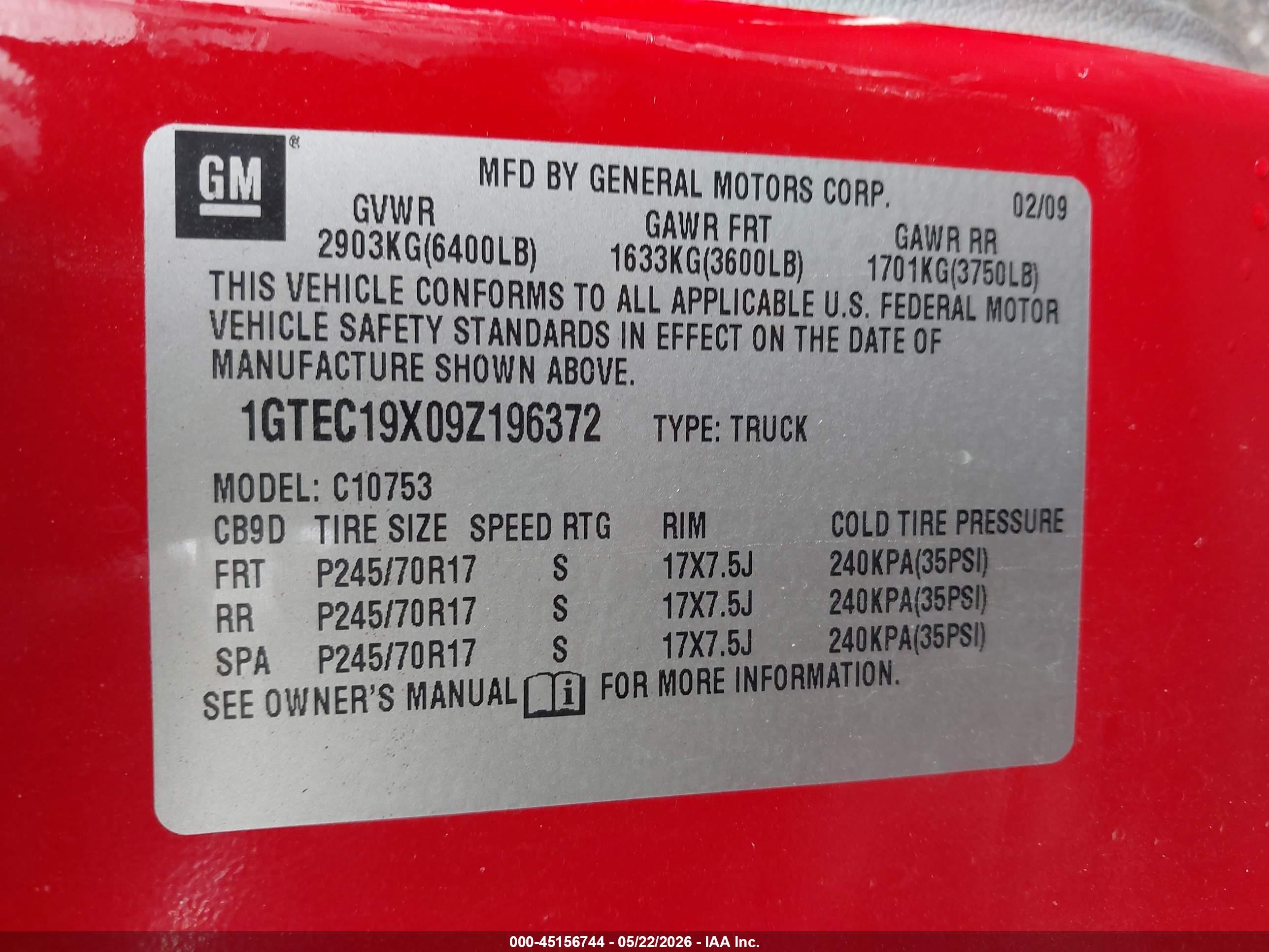 2009 Gmc Sierra 1500 Work Truck Red vin: 1GTEC19X09Z196372