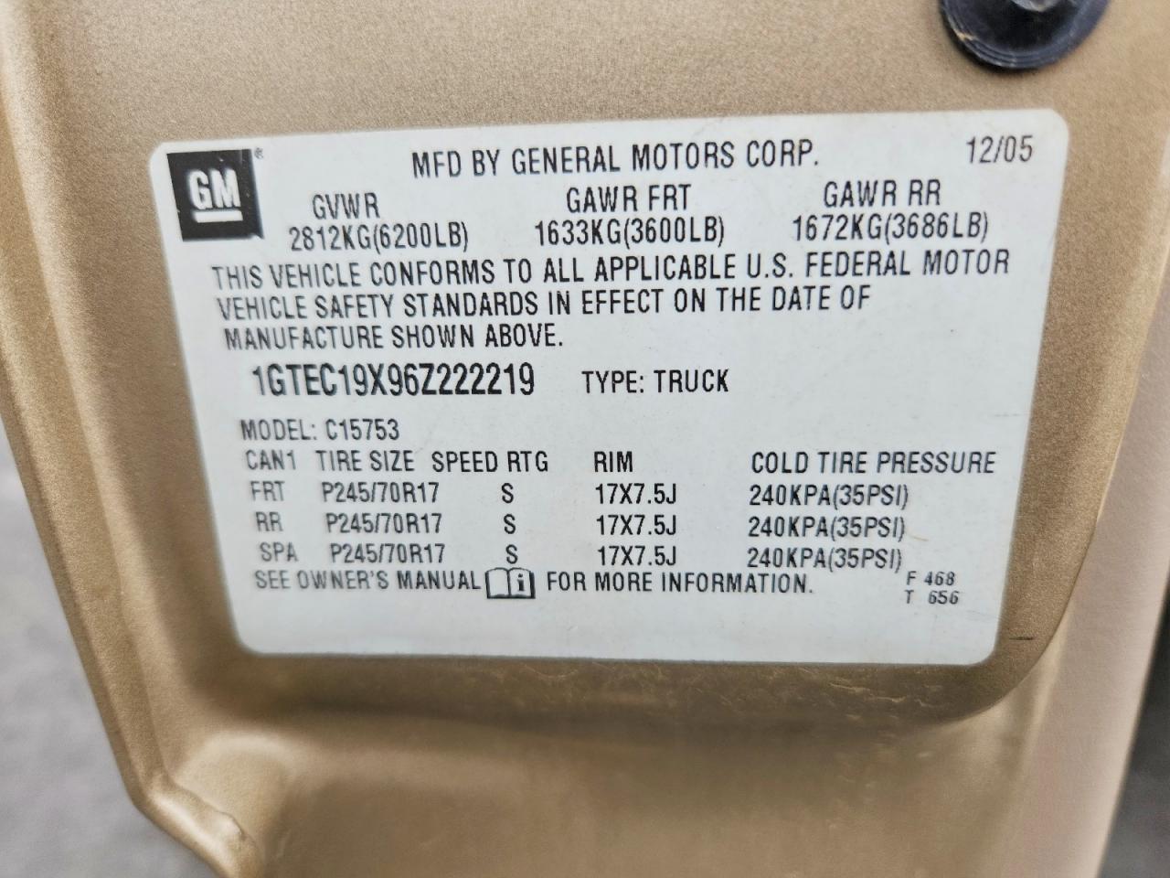2006 Gmc New Sierra C1500 Tan vin: 1GTEC19X96Z222219