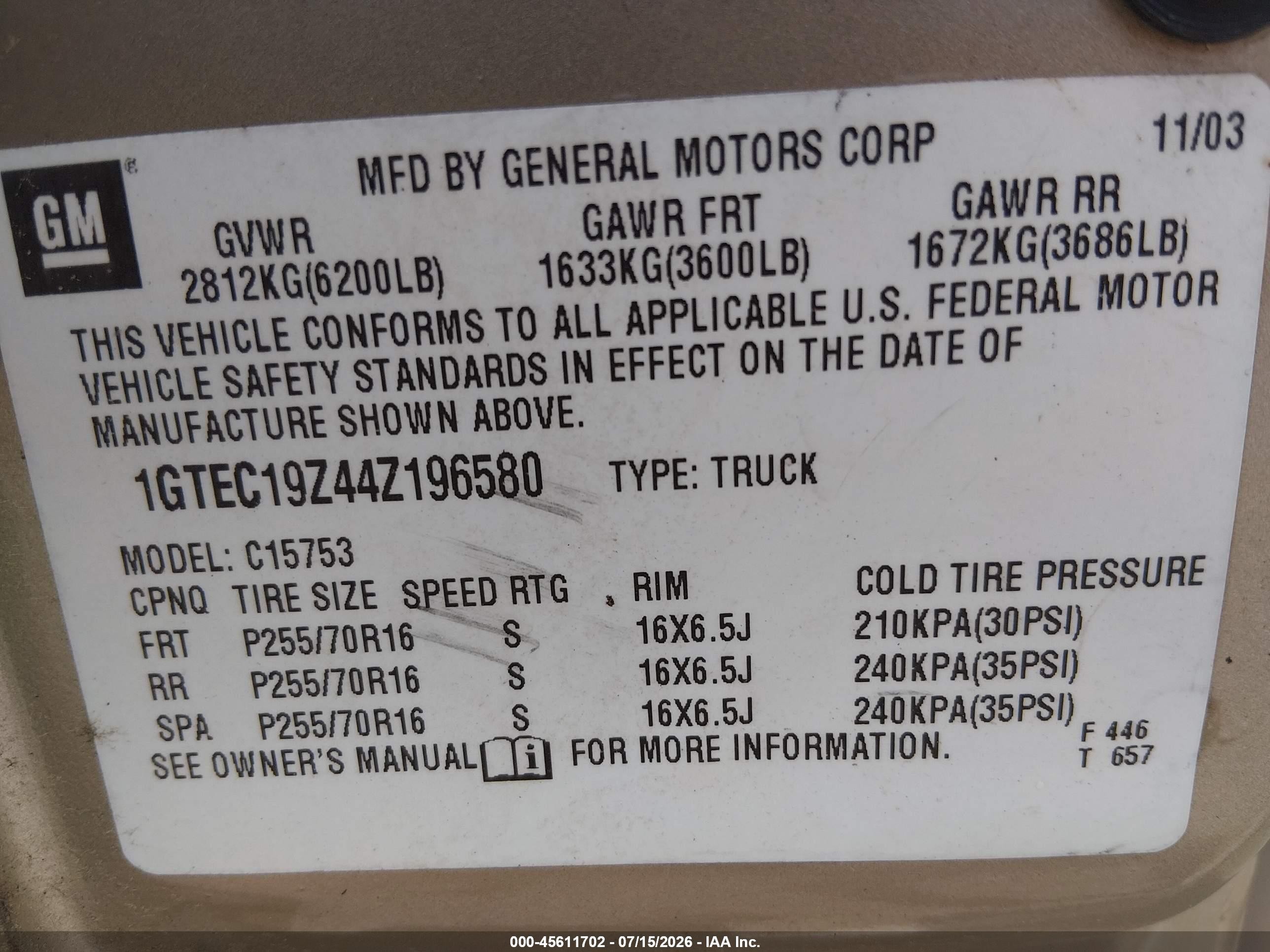 2004 Gmc Sierra 1500 Sle Tan vin: 1GTEC19Z44Z196580