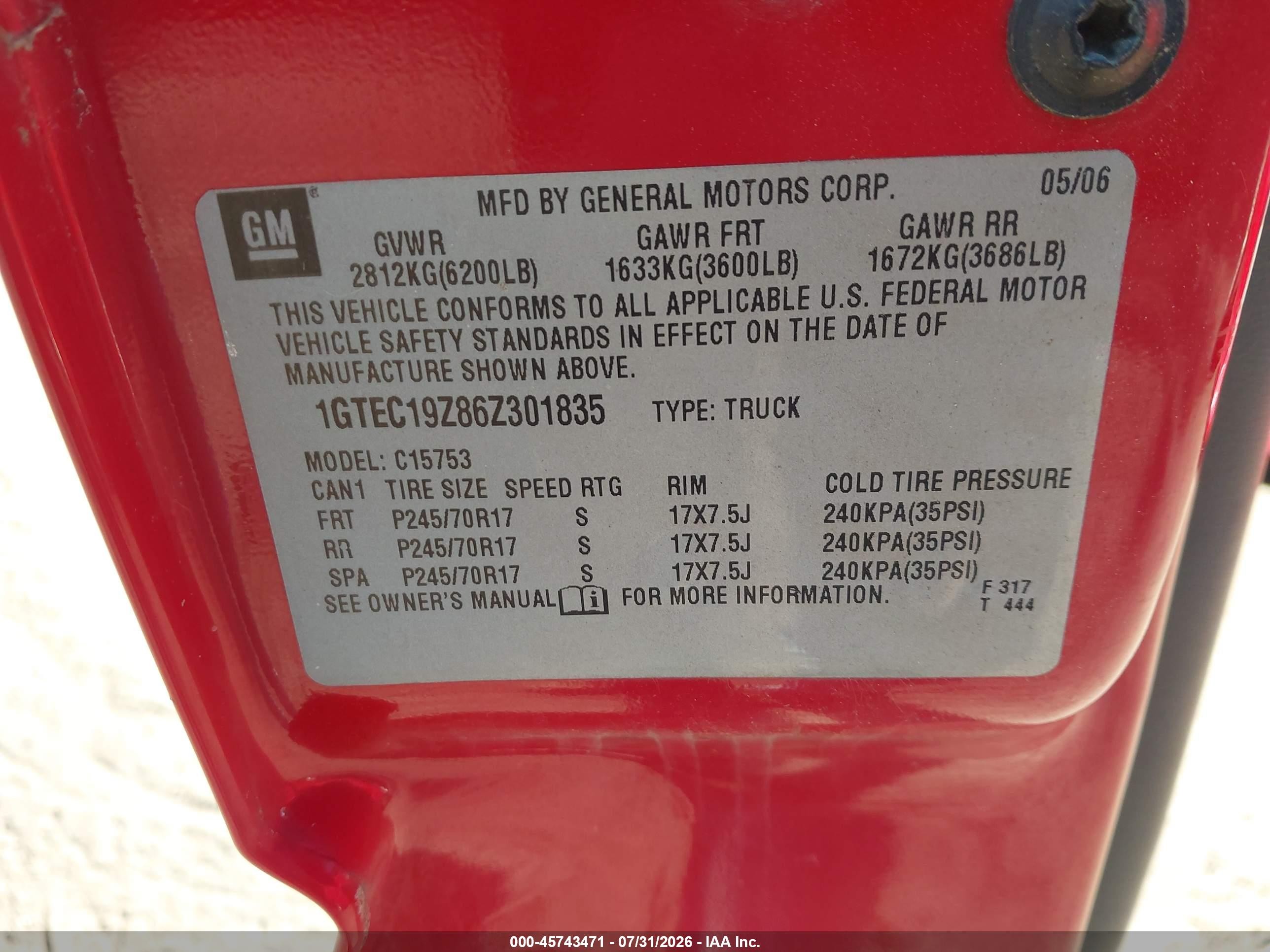 2006 Gmc Sierra 1500 Sle1 Red vin: 1GTEC19Z86Z301835