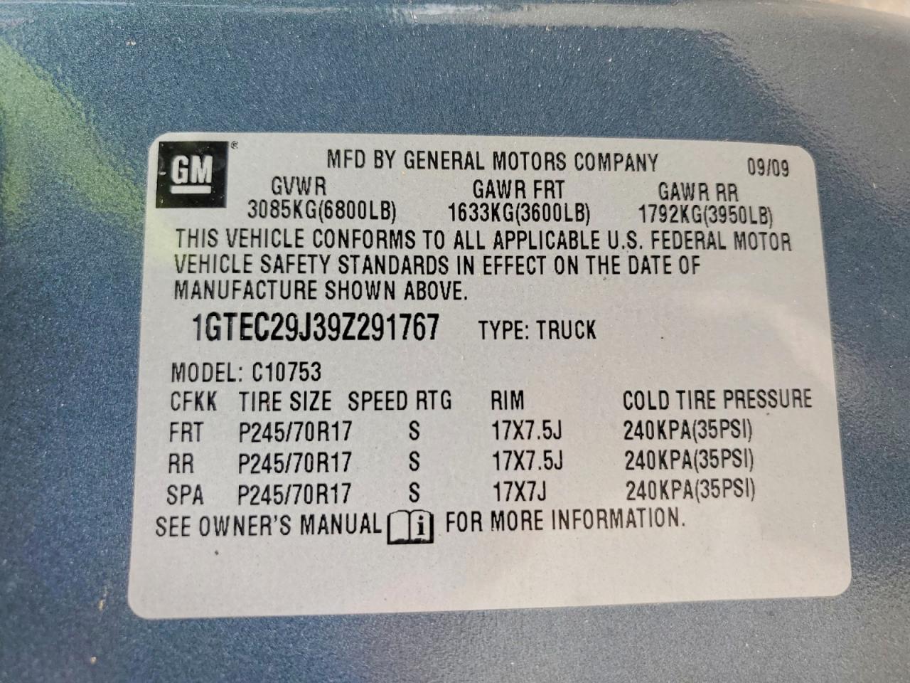 2009 Gmc Sierra C1500 Sle Blue vin: 1GTEC29J39Z291767