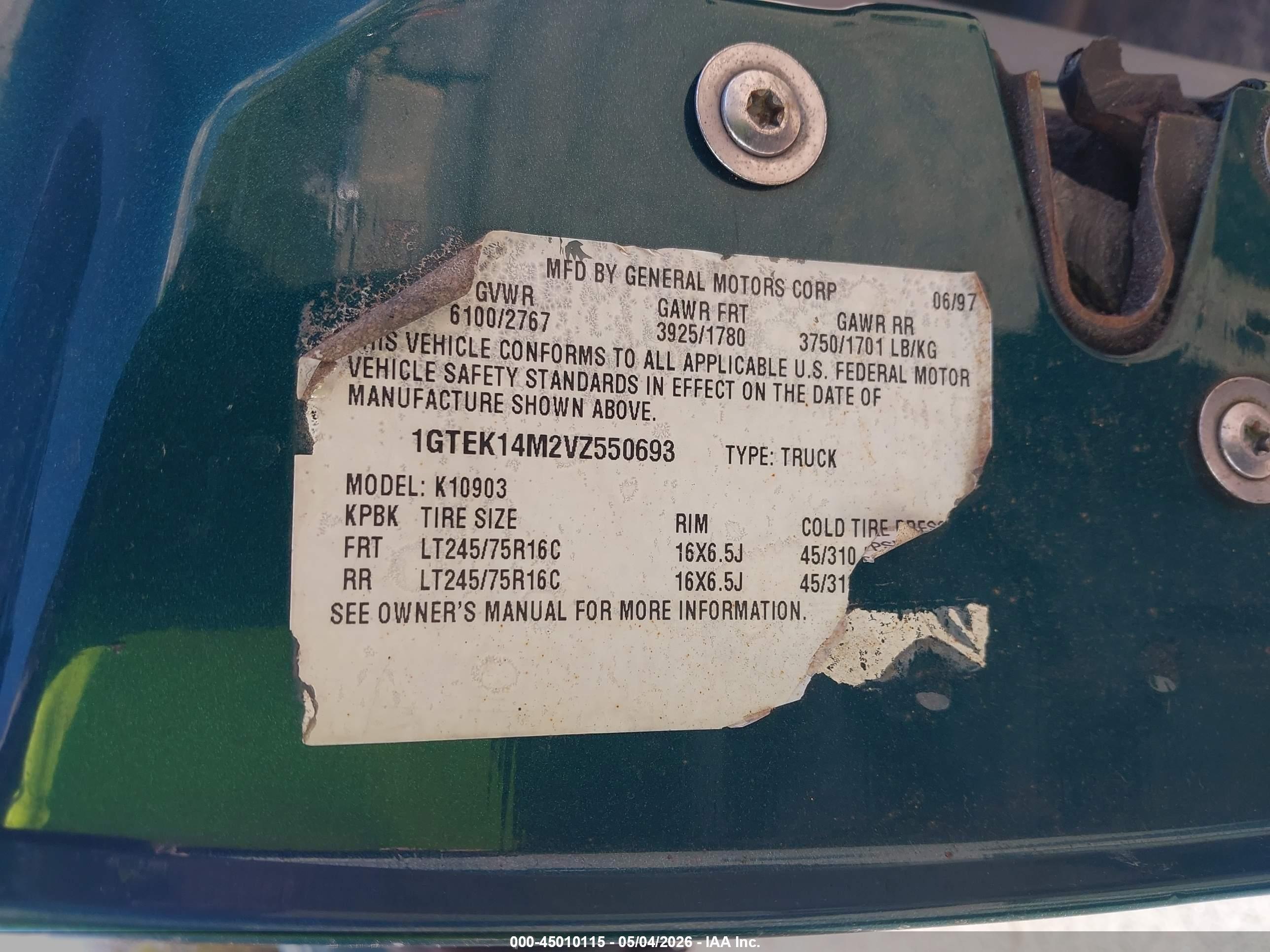 1997 Gmc Sierra 1500 Sl Wideside Green vin: 1GTEK14M2VZ550693