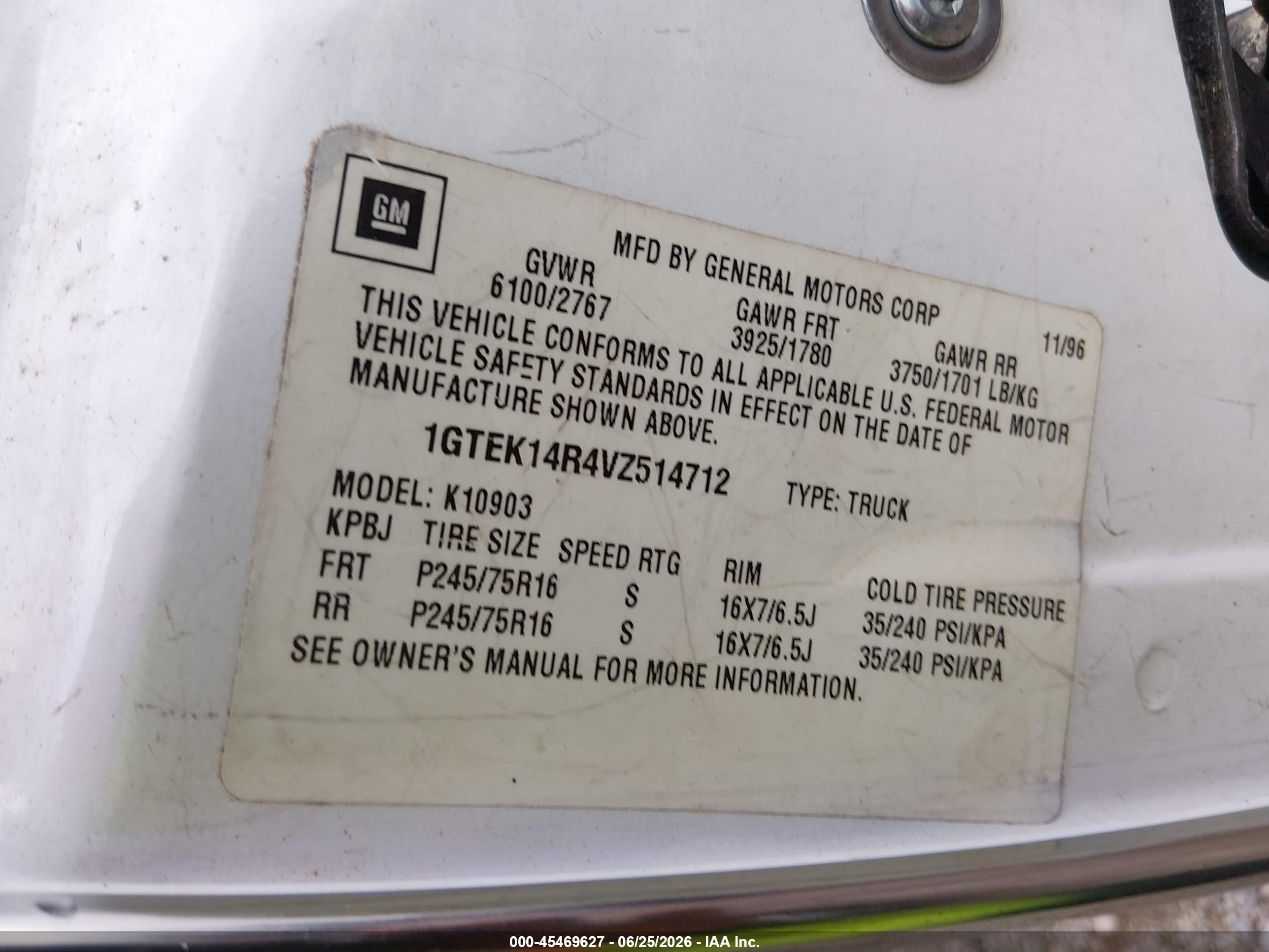 1997 Gmc Sierra 1500 Sl Wideside Белый vin: 1GTEK14R4VZ514712