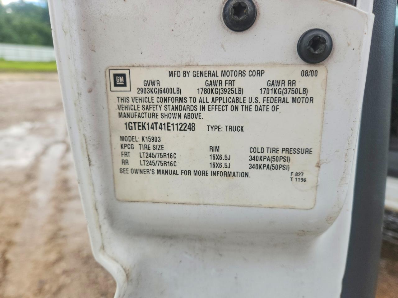 2001 Gmc Sierra White vin: 1GTEK14T41E112248