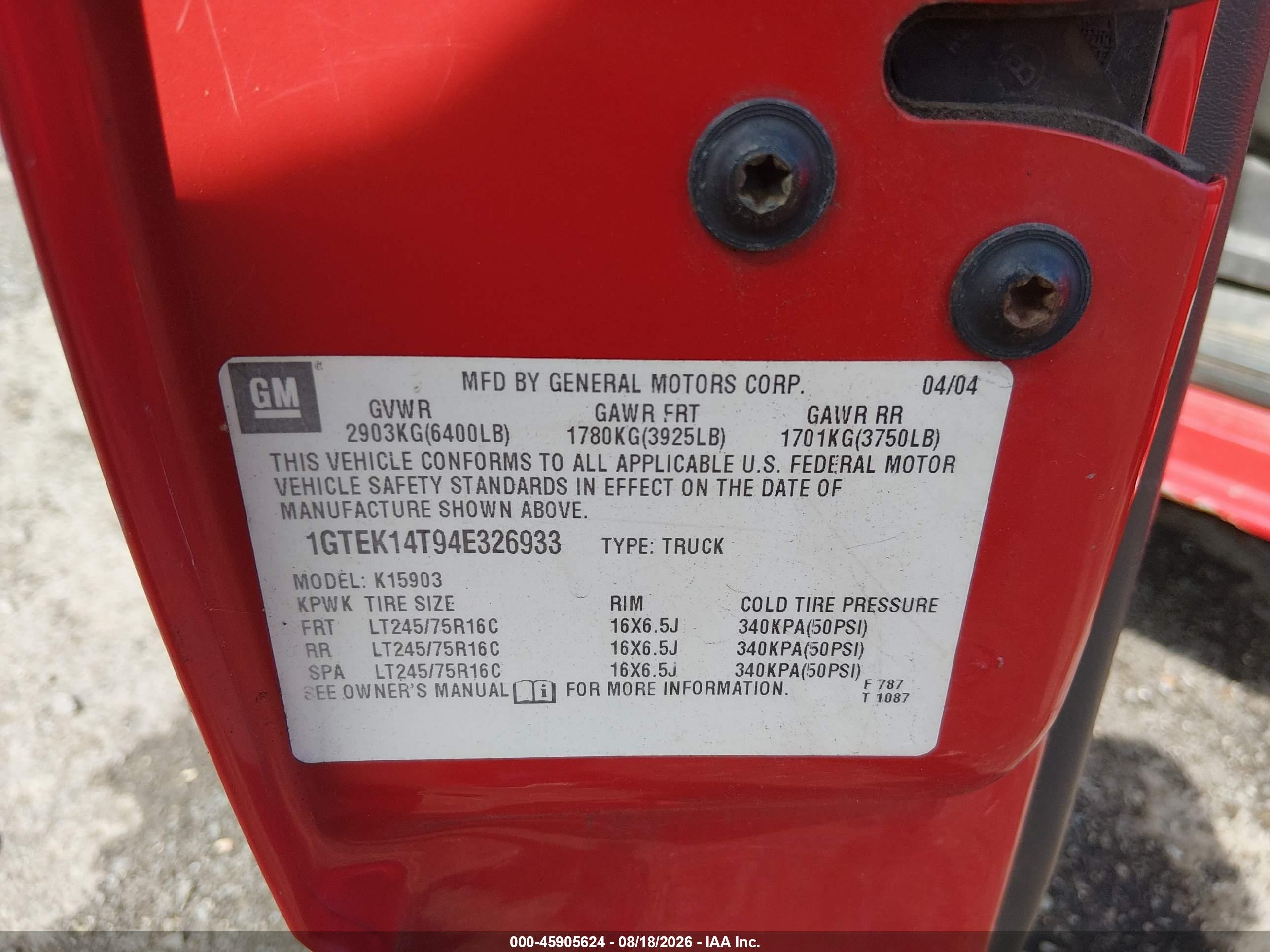 2004 Gmc Sierra 1500 Work Truck Red vin: 1GTEK14T94E326933