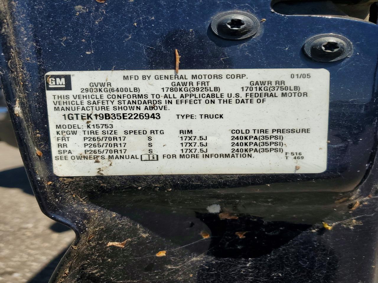 2005 Gmc Sierra Blue vin: 1GTEK19B35E226943