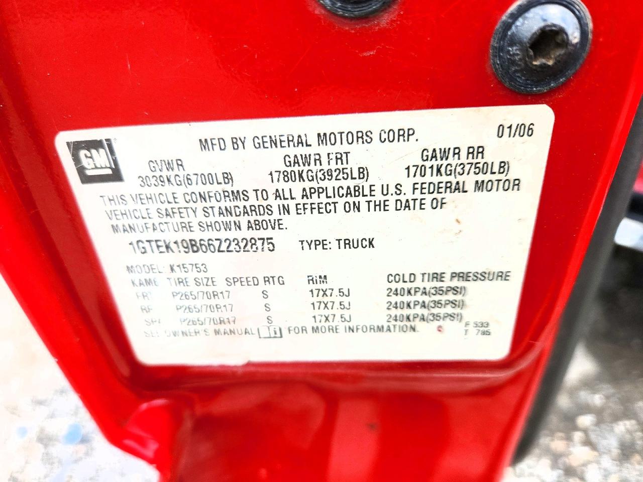 2006 Gmc New Sierra K1500 Red vin: 1GTEK19B66Z232875