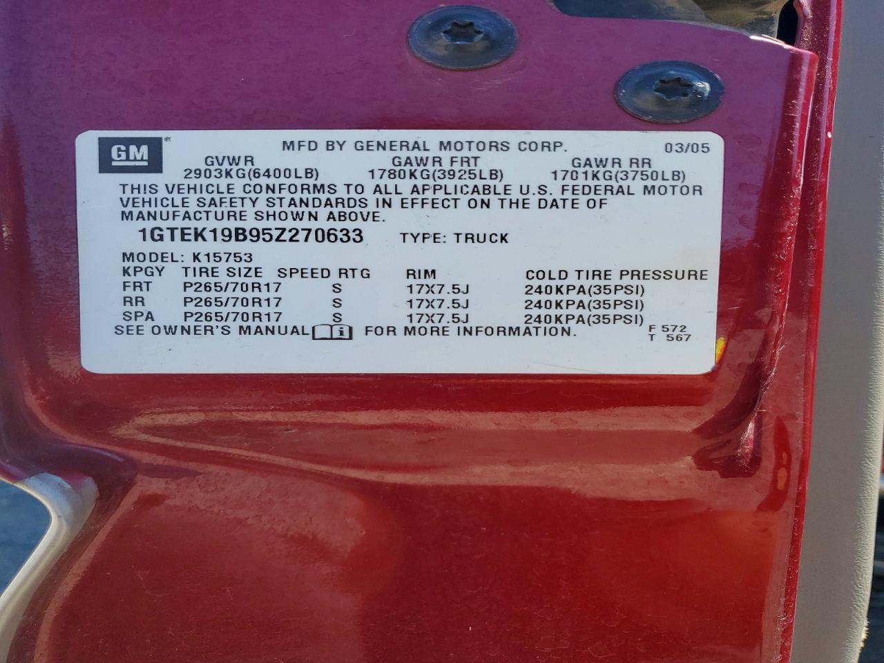 2005 Gmc New Sierra K1500 Burgundy vin: 1GTEK19B95Z270633