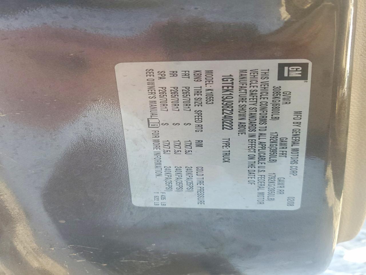 2008 Gmc Sierra K1500 Gray vin: 1GTEK19J98Z240222