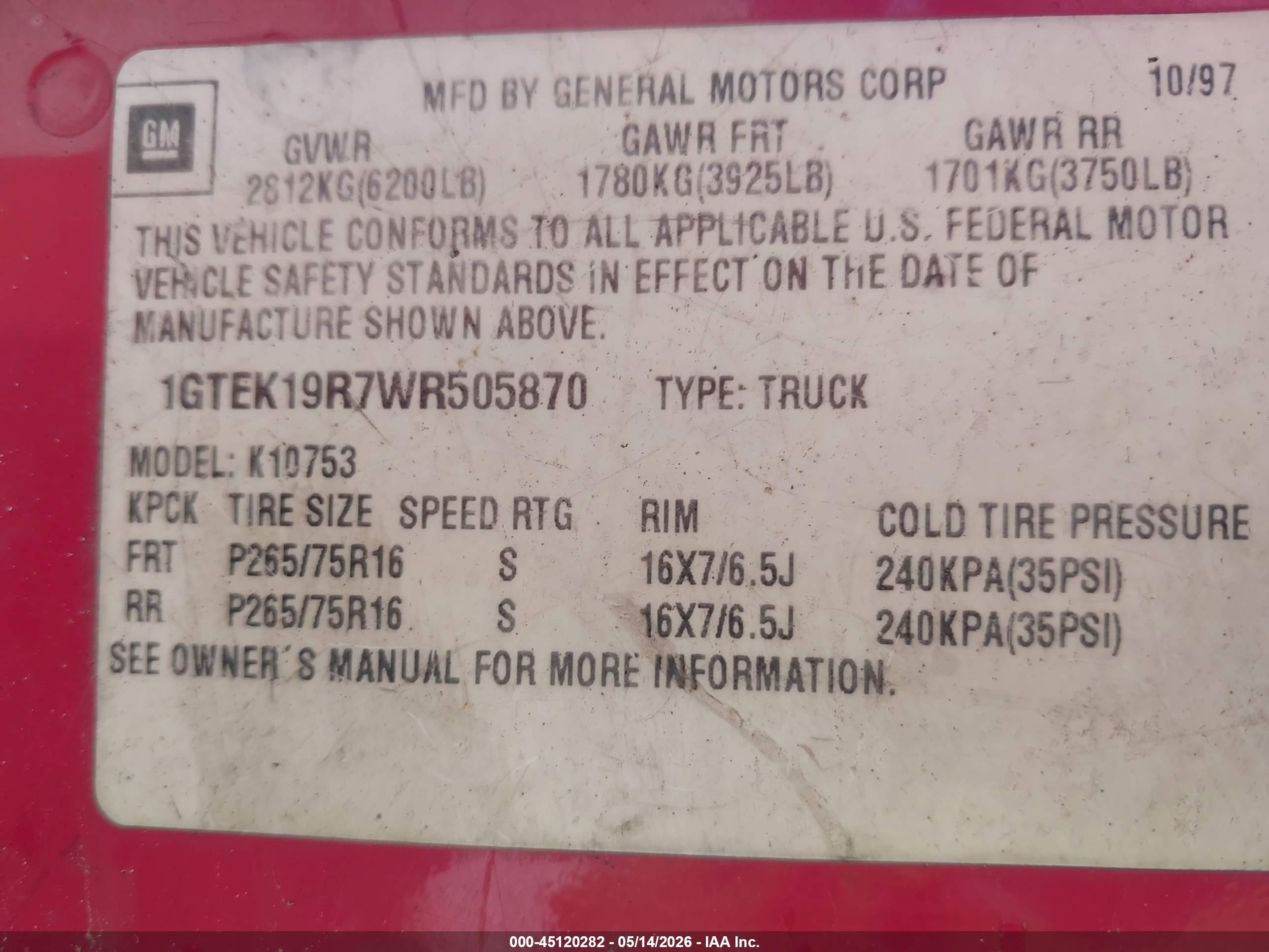 1998 Gmc Sierra 1500 Sl Wideside Red vin: 1GTEK19R7WR505870