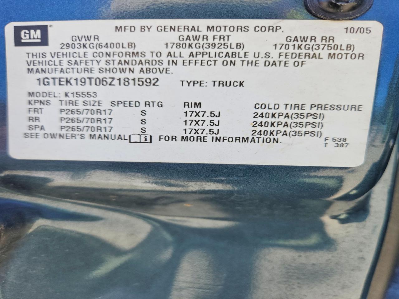 2006 Gmc New Sierra K1500 Green vin: 1GTEK19T06Z181592