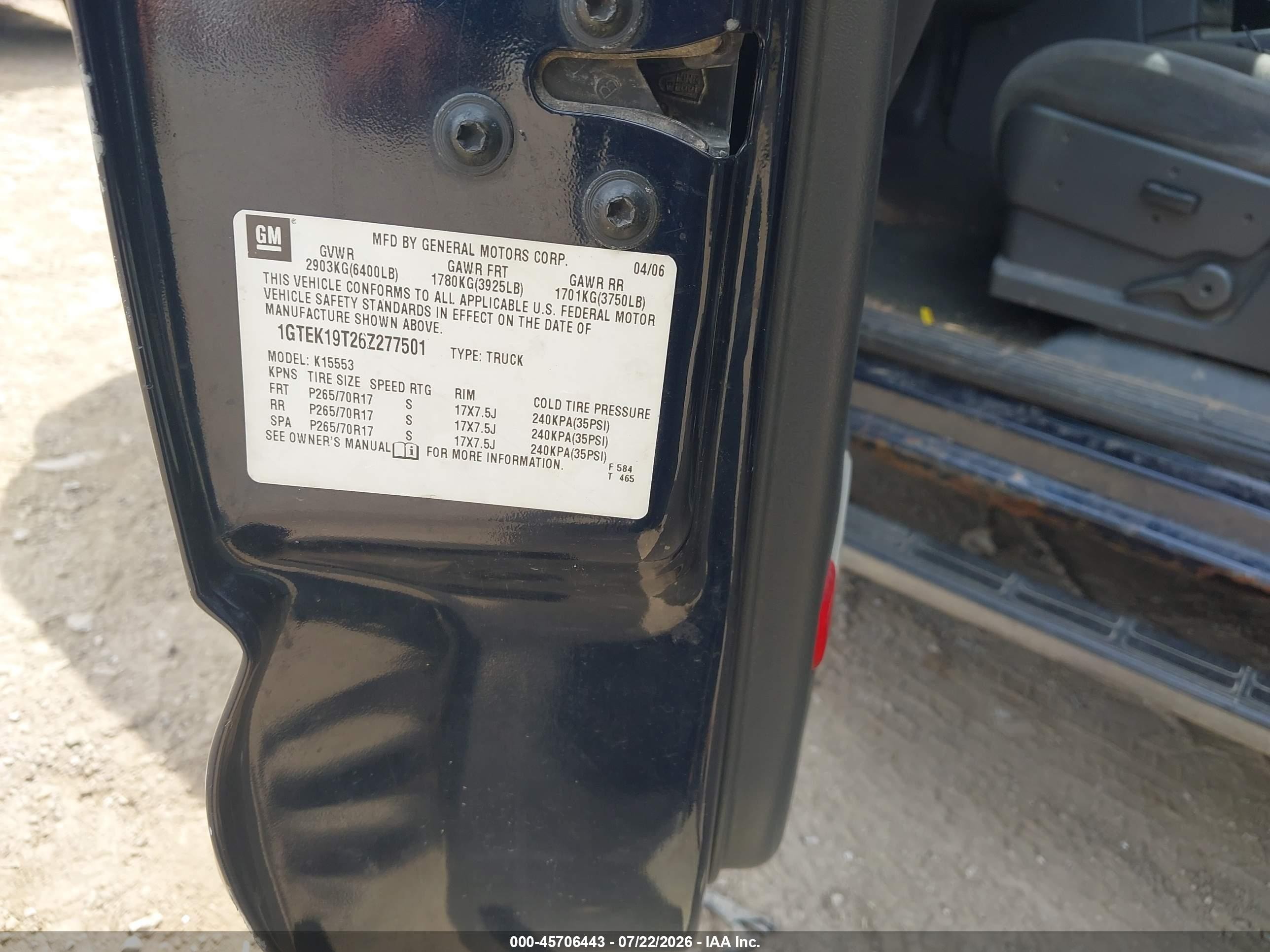 2006 Gmc Sierra 1500 Sle2 Black vin: 1GTEK19T26Z277501