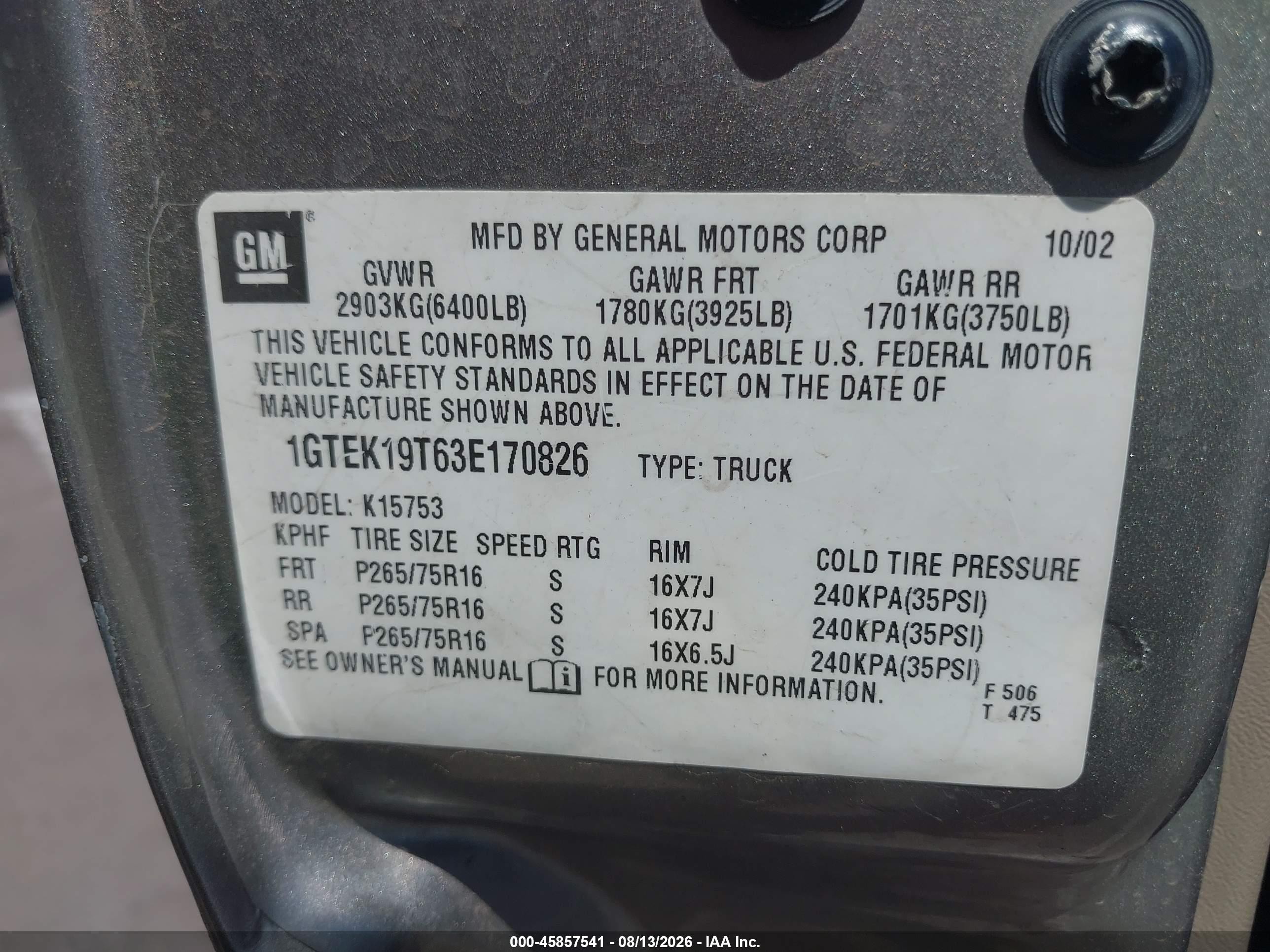 2003 Gmc Sierra 1500 Sle Champagne vin: 1GTEK19T63E170826