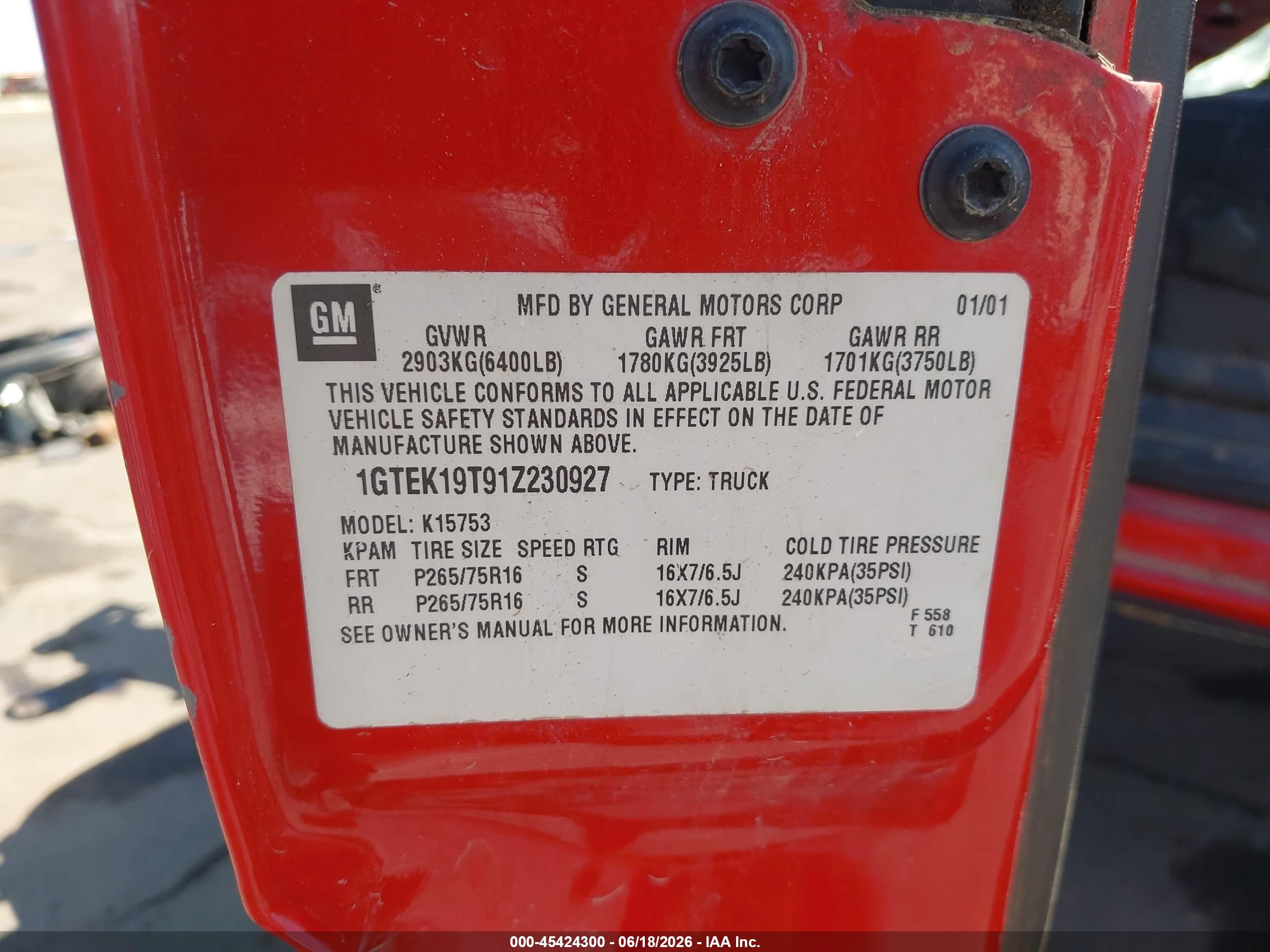 2001 Gmc Sierra 1500 Sle Red vin: 1GTEK19T91Z230927