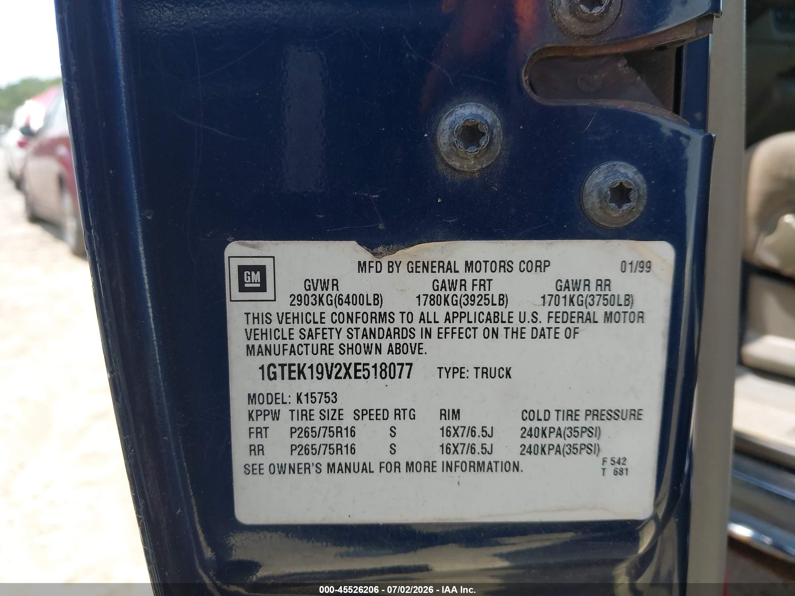 1999 Gmc New Sierra 1500 Sle Blue vin: 1GTEK19V2XE518077