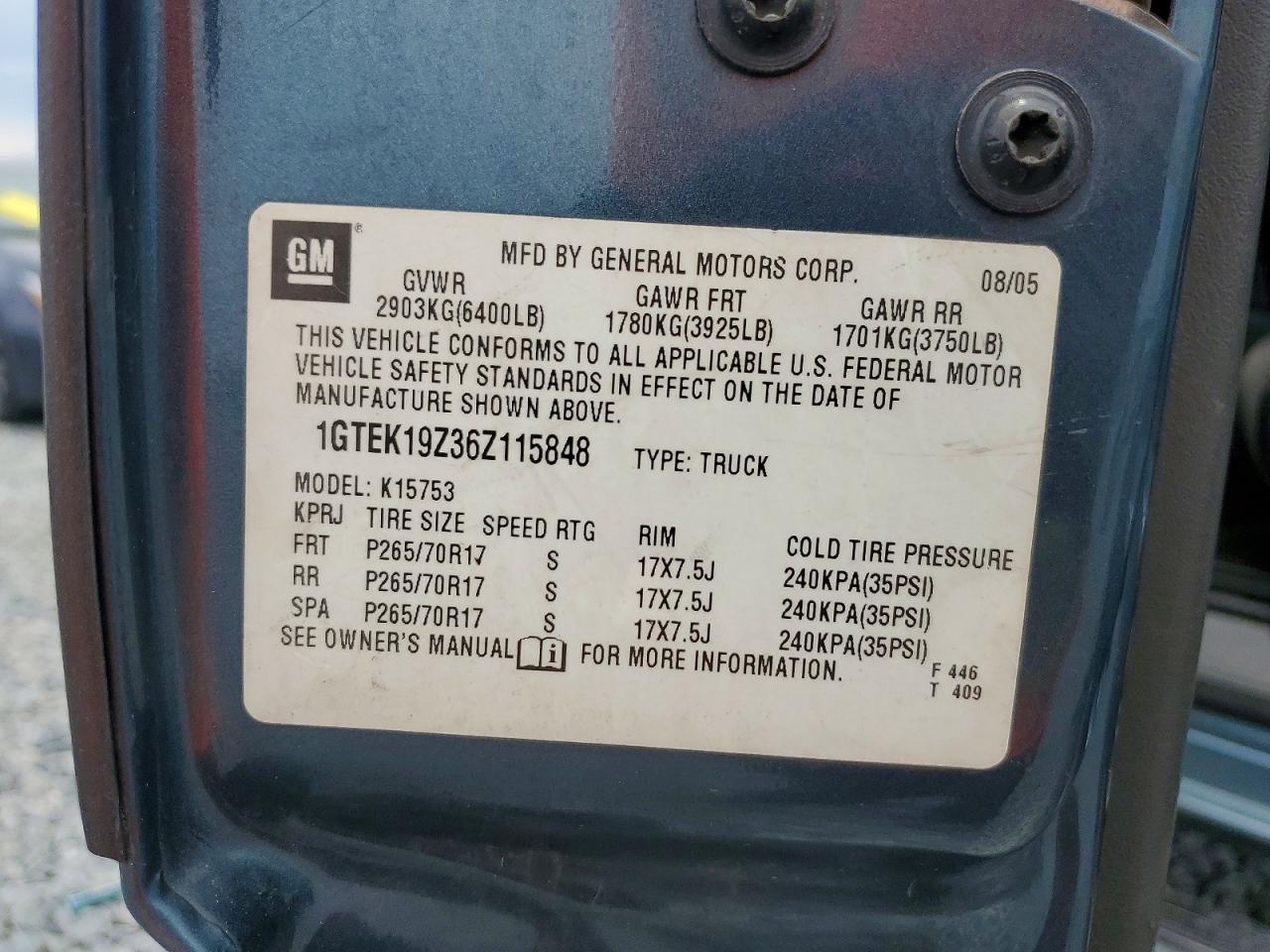 2006 Gmc New Sierra K1500 Blue vin: 1GTEK19Z36Z115848