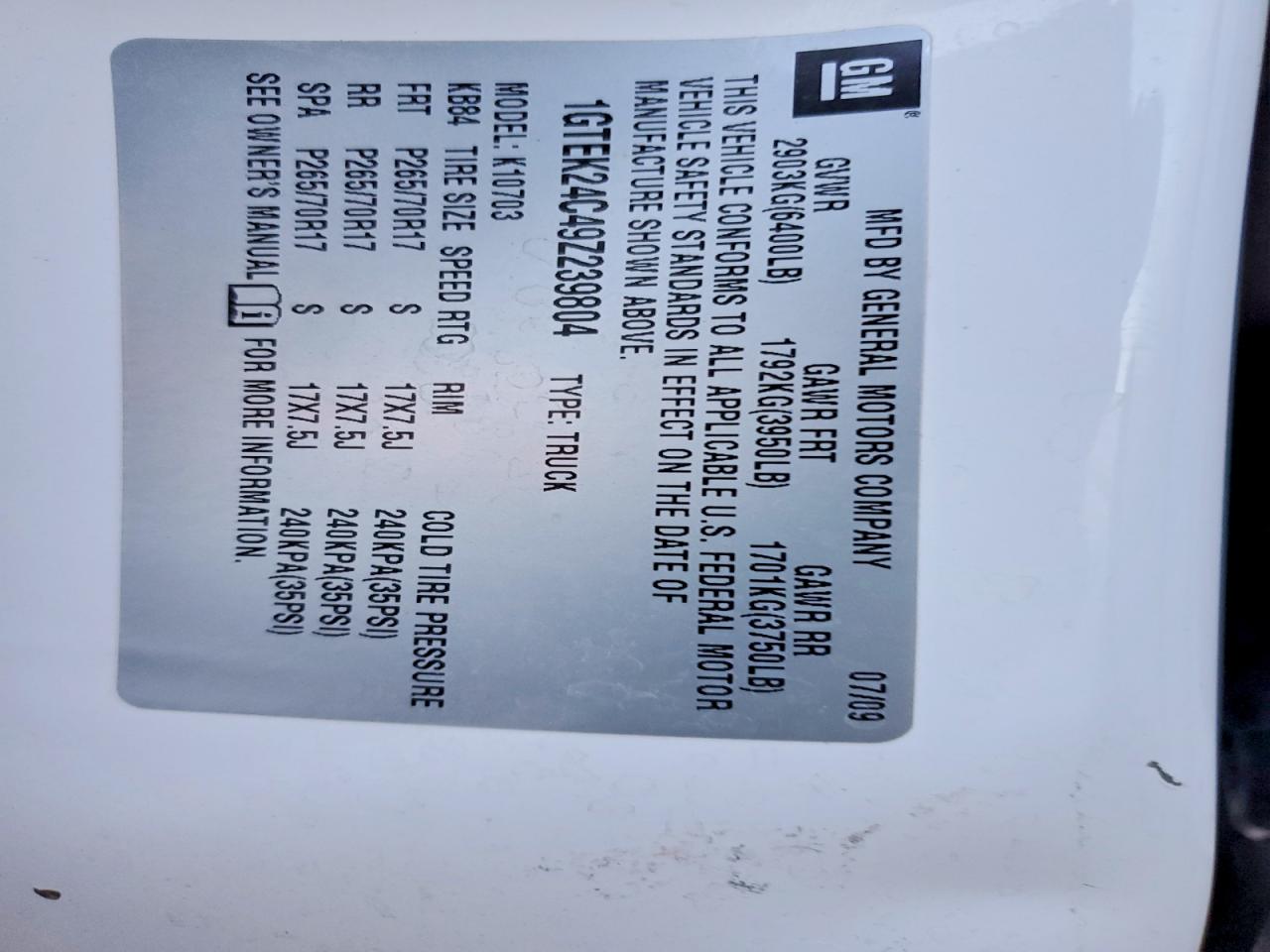 2009 Gmc Sierra K1500 Sle White vin: 1GTEK24C49Z239804