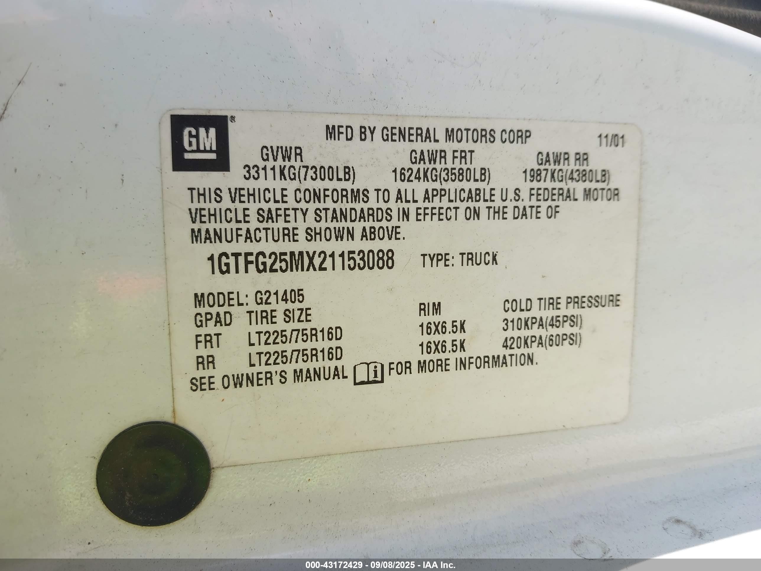 2002 Gmc Savana Standard White vin: 1GTFG25MX21153088