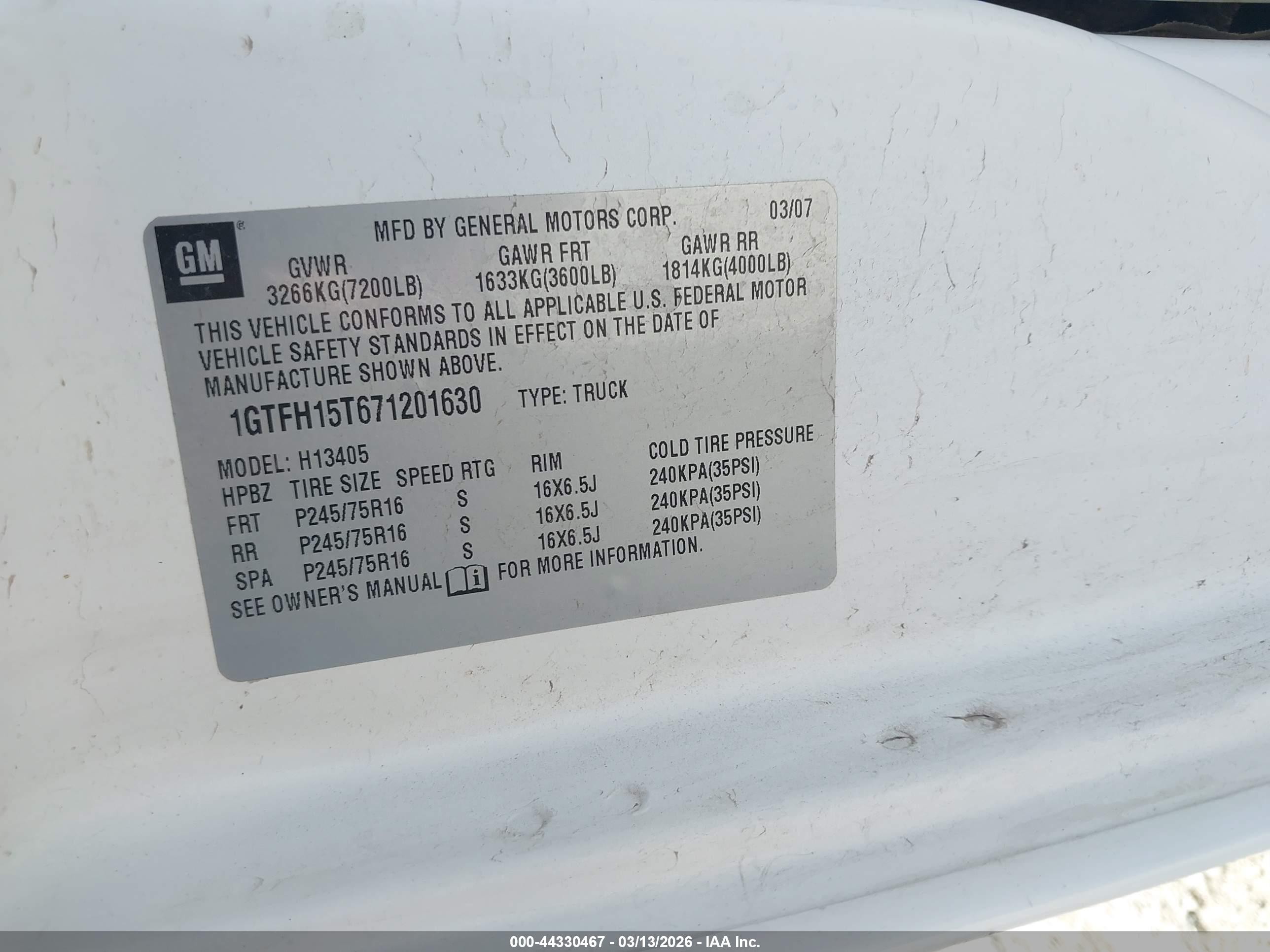 2007 Gmc Savana Work Van White vin: 1GTFH15T671201630