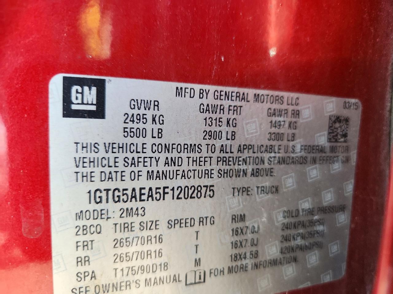 2015 Gmc Canyon Red vin: 1GTG5AEA5F1202875