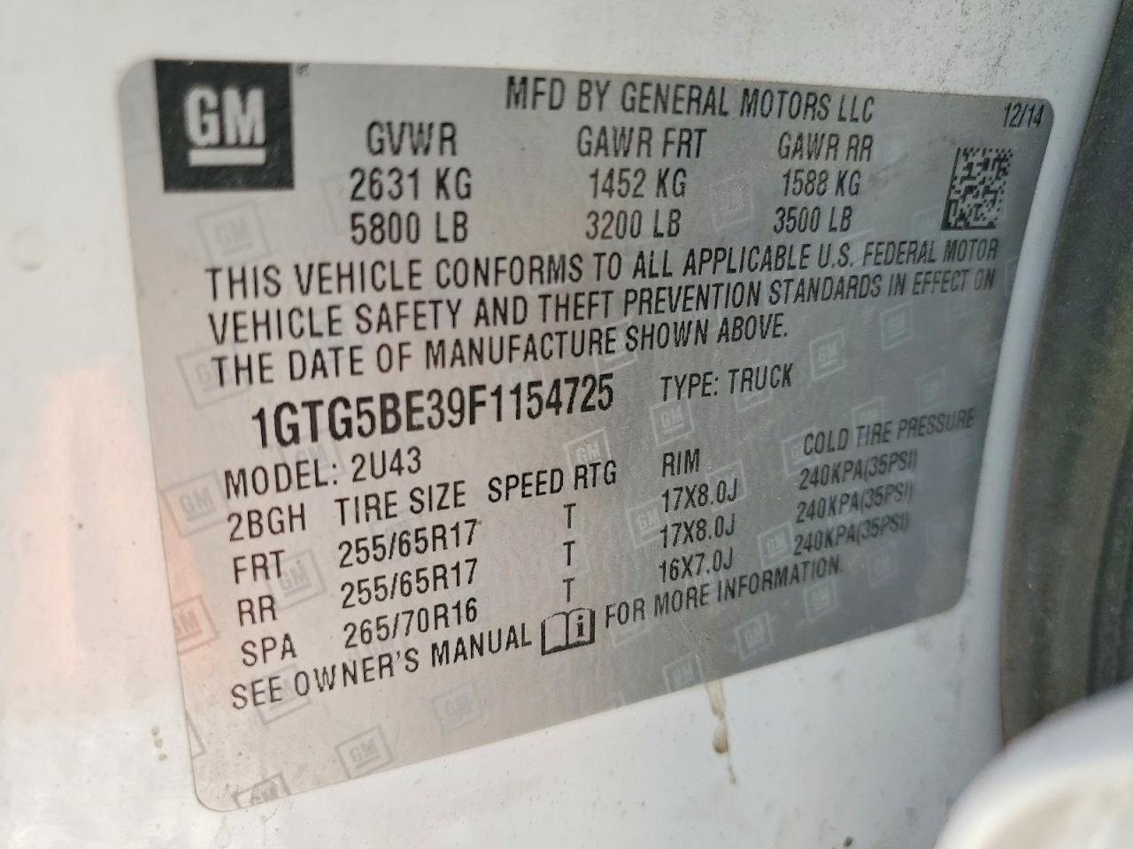 2015 Gmc Canyon Sle White vin: 1GTG5BE39F1154725