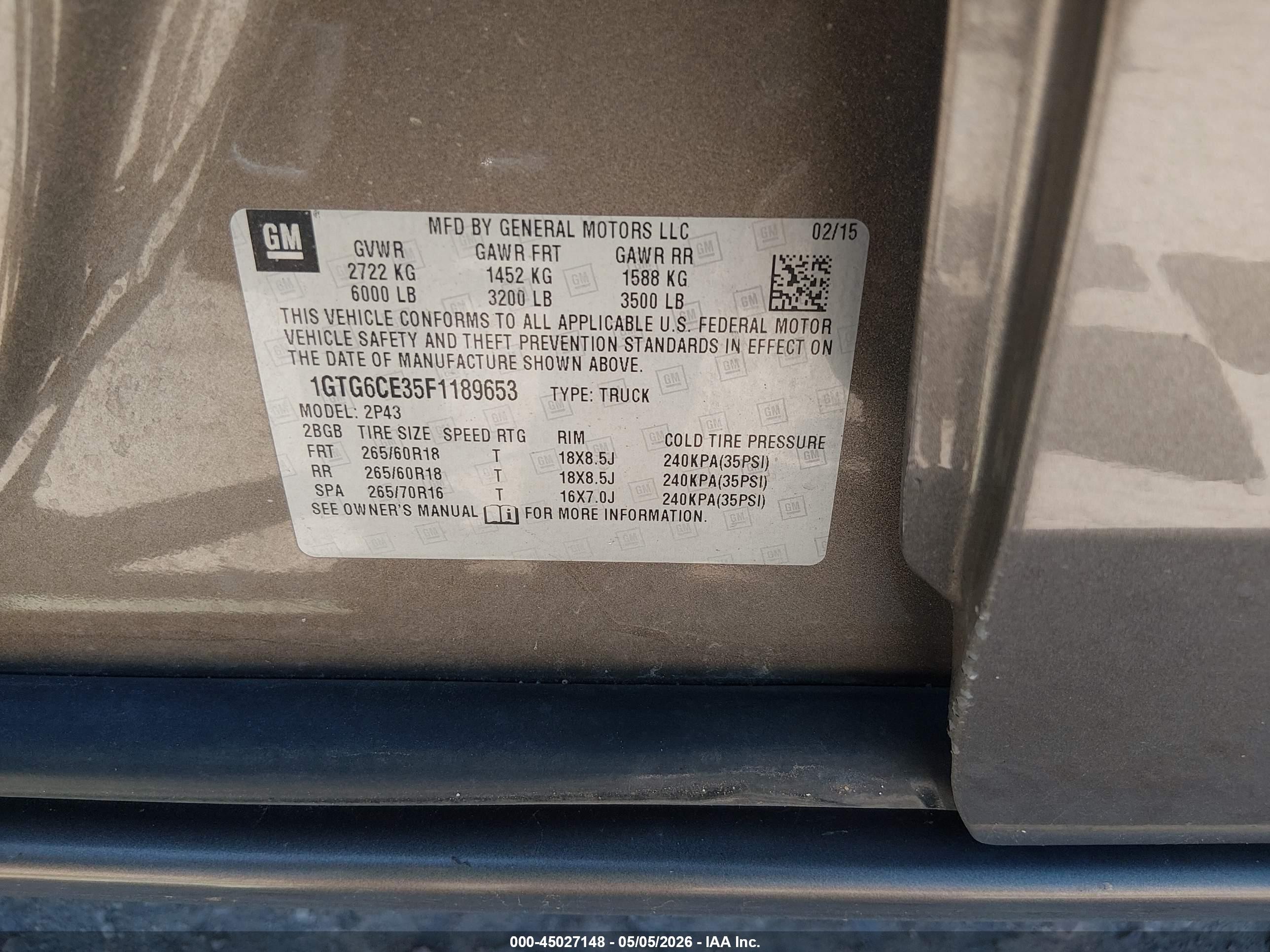 2015 Gmc Canyon Slt Gray vin: 1GTG6CE35F1189653