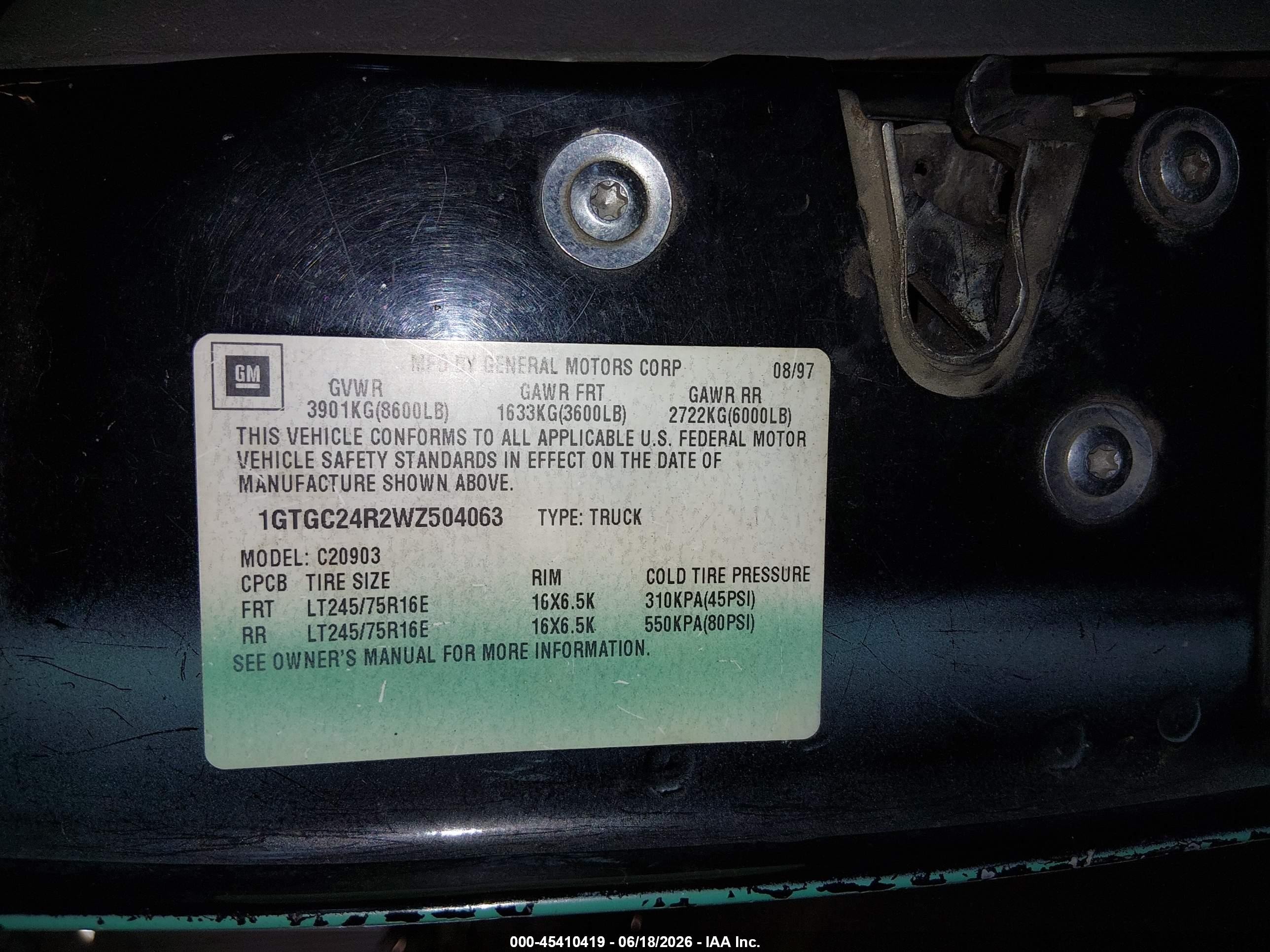 1998 Gmc Sierra 2500 Hd Sl Turquoise vin: 1GTGC24R2WZ504063