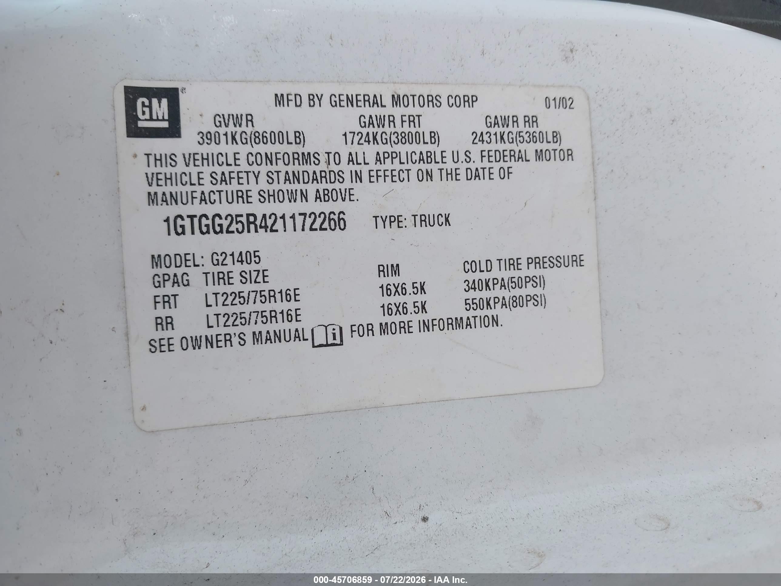 2002 Gmc Savana Standard White vin: 1GTGG25R421172266