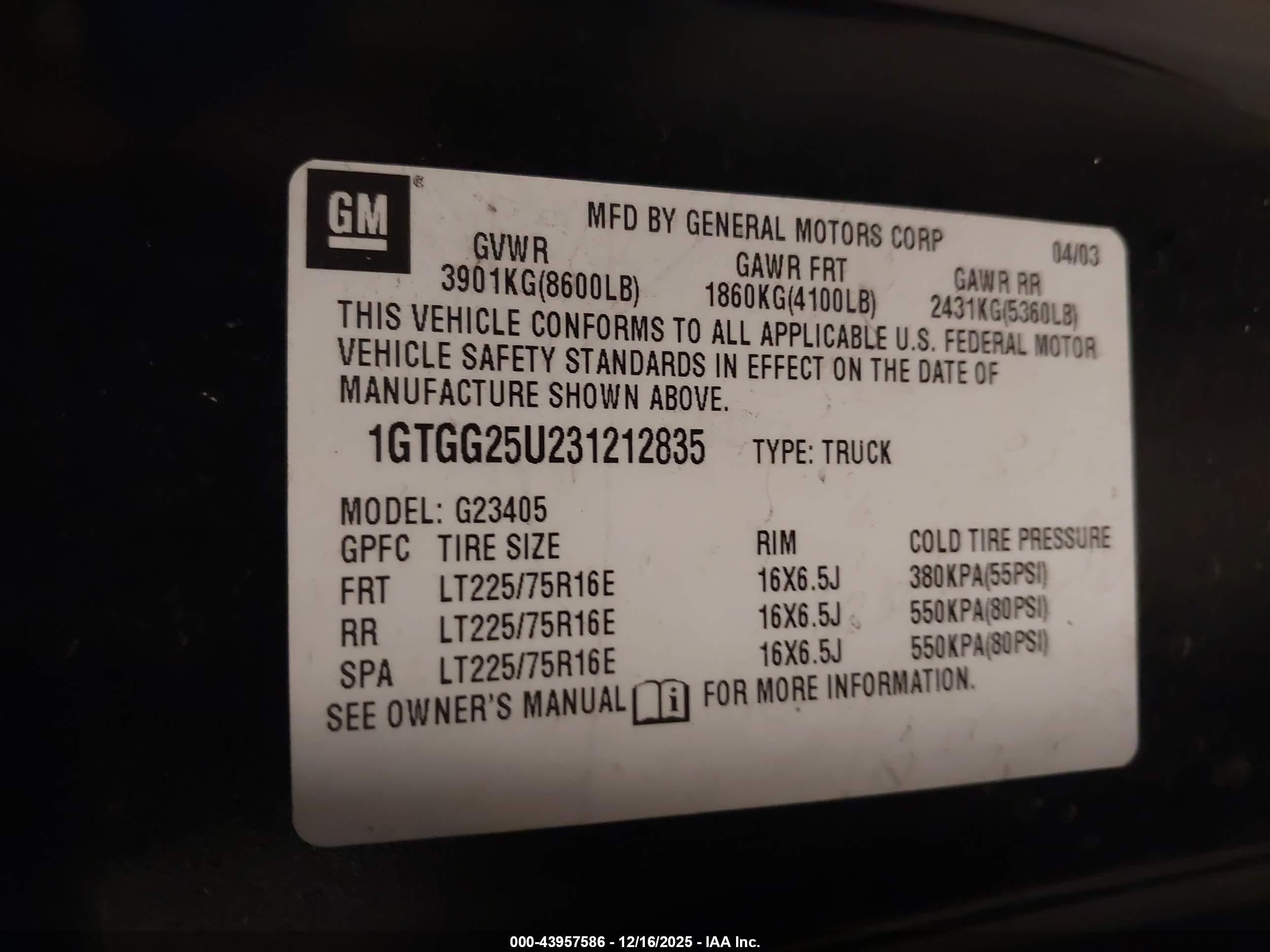 2003 Gmc Savana Standard Black vin: 1GTGG25U231212835