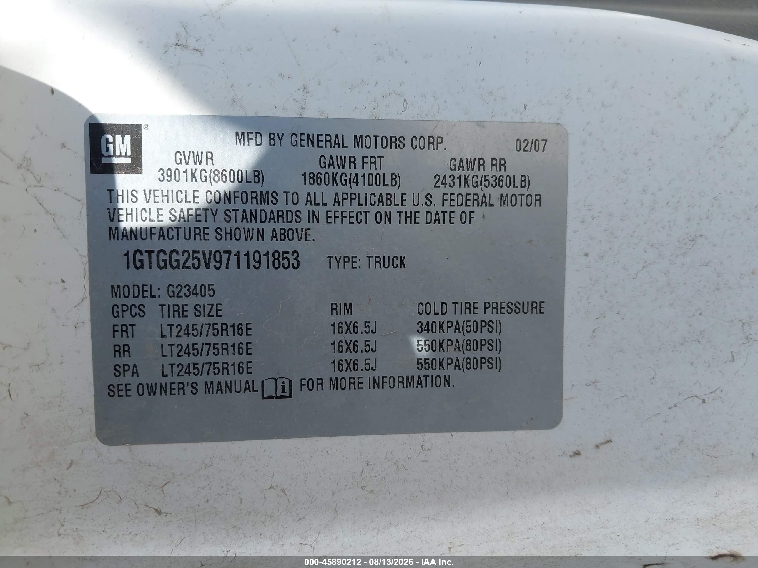 2007 Gmc Savana Work Van White vin: 1GTGG25V971191853
