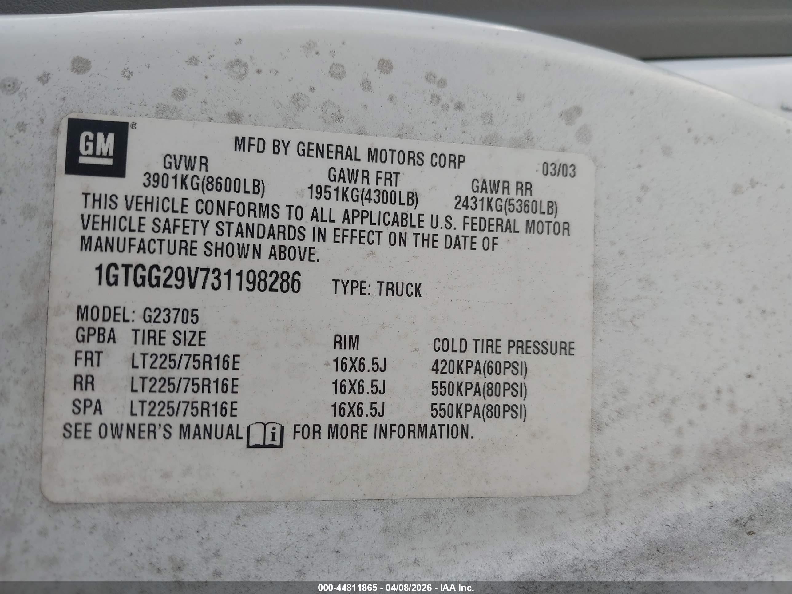 2003 Gmc Savana Standard White vin: 1GTGG29V731198286