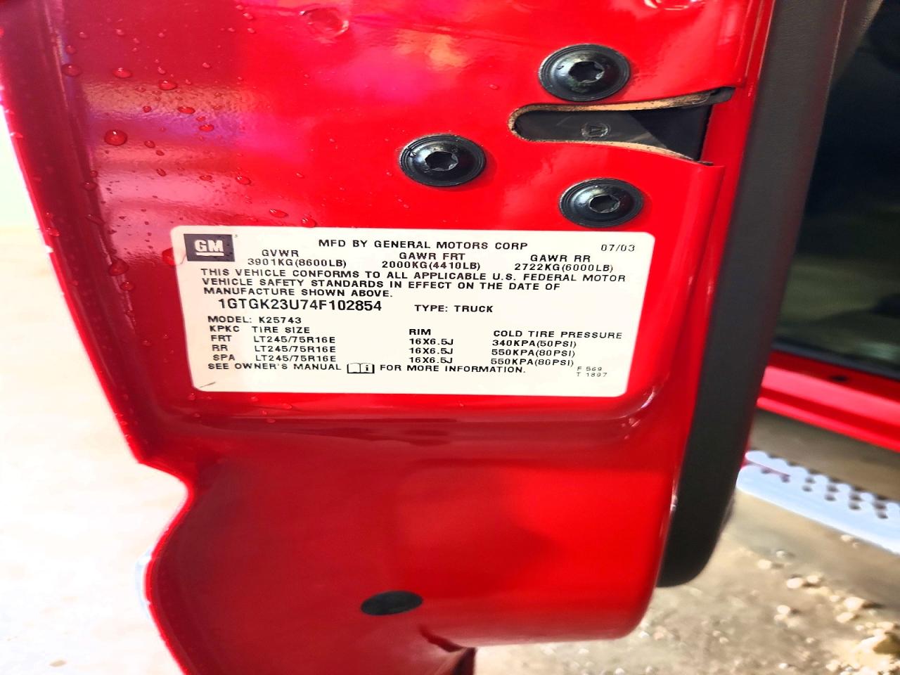 2004 Gmc Sierra K2500 Crew Cab Red vin: 1GTGK23U74F102854