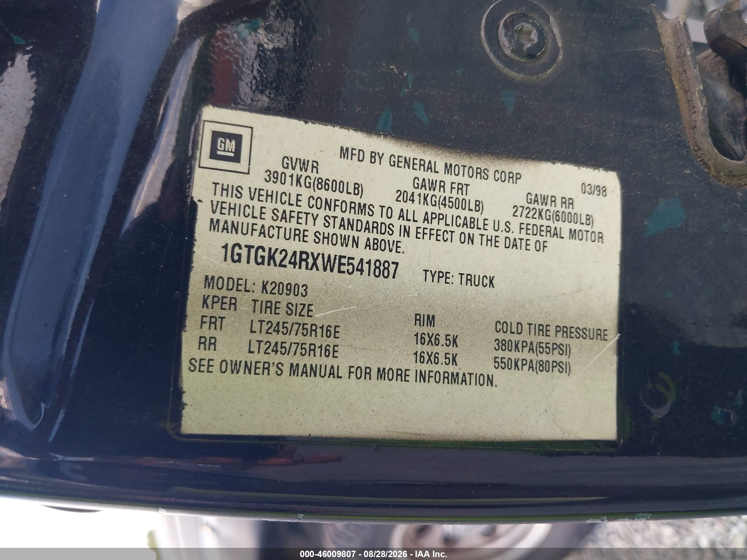1998 Gmc Sierra 2500 Hd Sl Черный vin: 1GTGK24RXWE541887