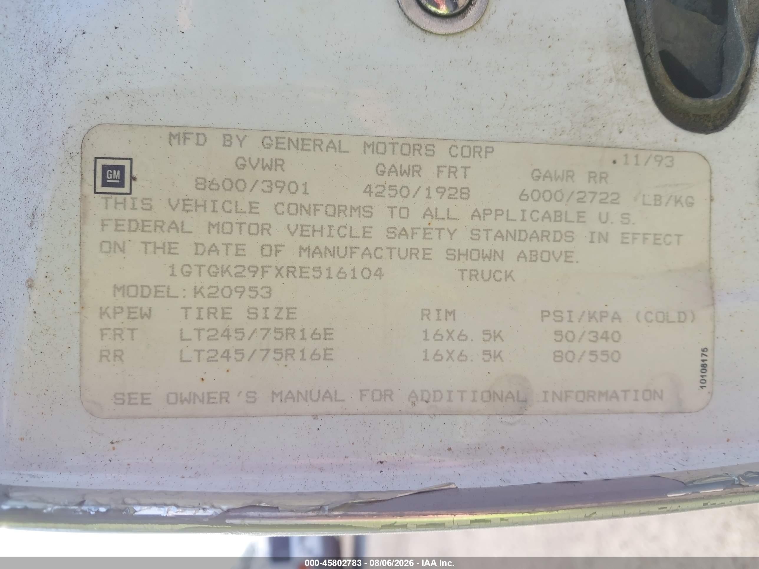 1994 Gmc Sierra K2500 White vin: 1GTGK29FXRE516104