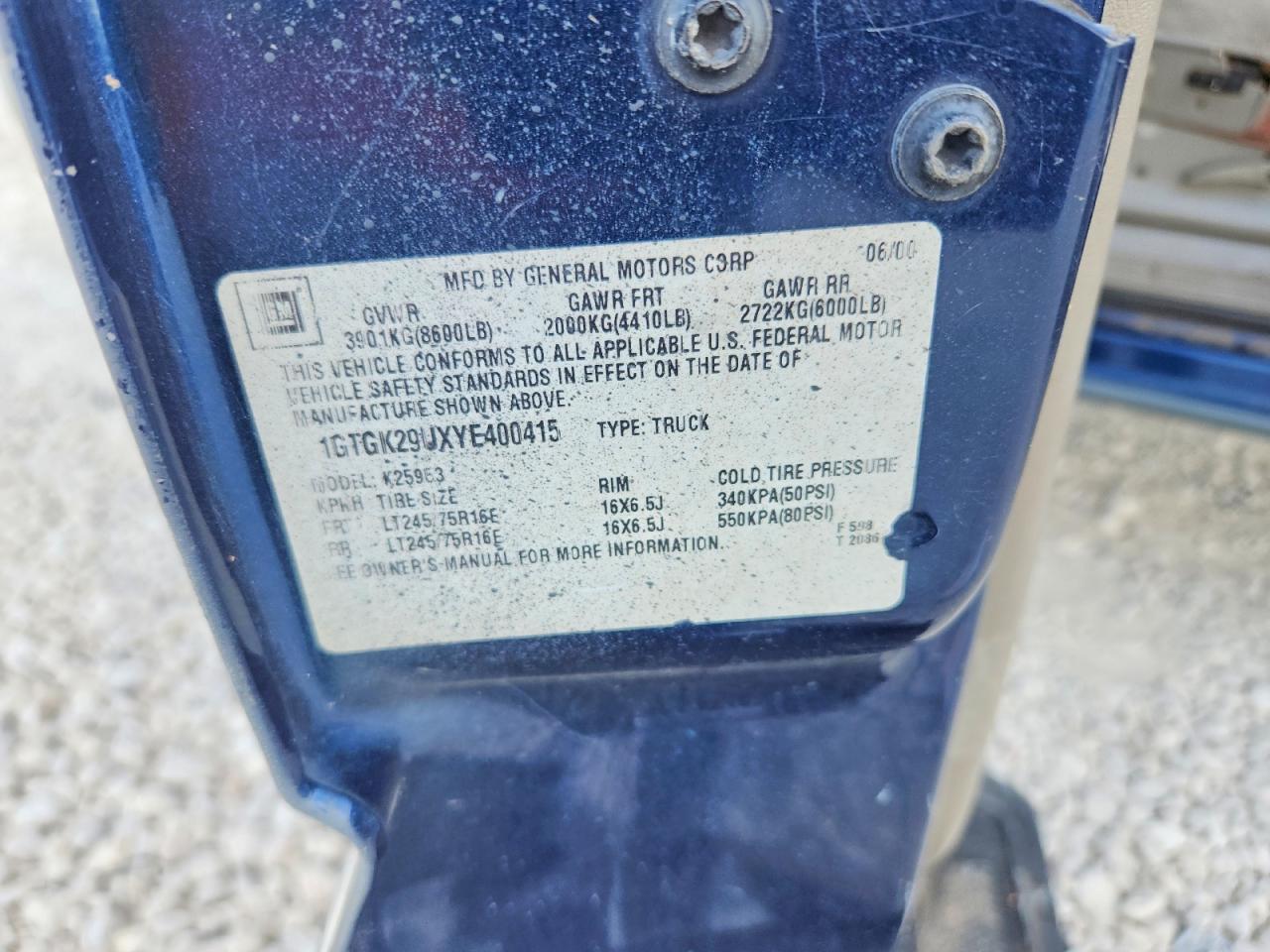 2000 Gmc New Sierra K2500 Blue vin: 1GTGK29UXYE400415