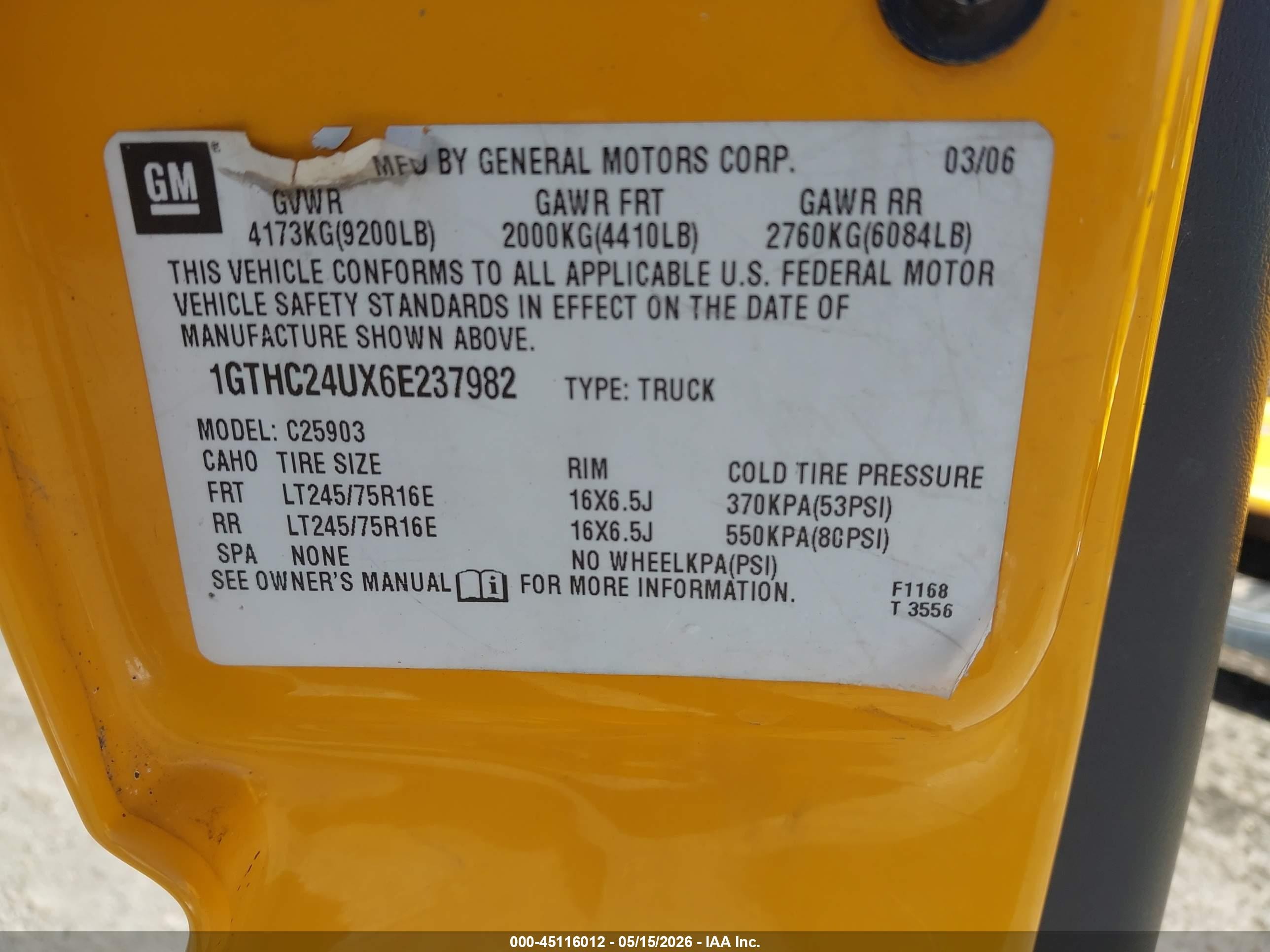 2006 Gmc Sierra 2500hd Work Truck Yellow vin: 1GTHC24UX6E237982