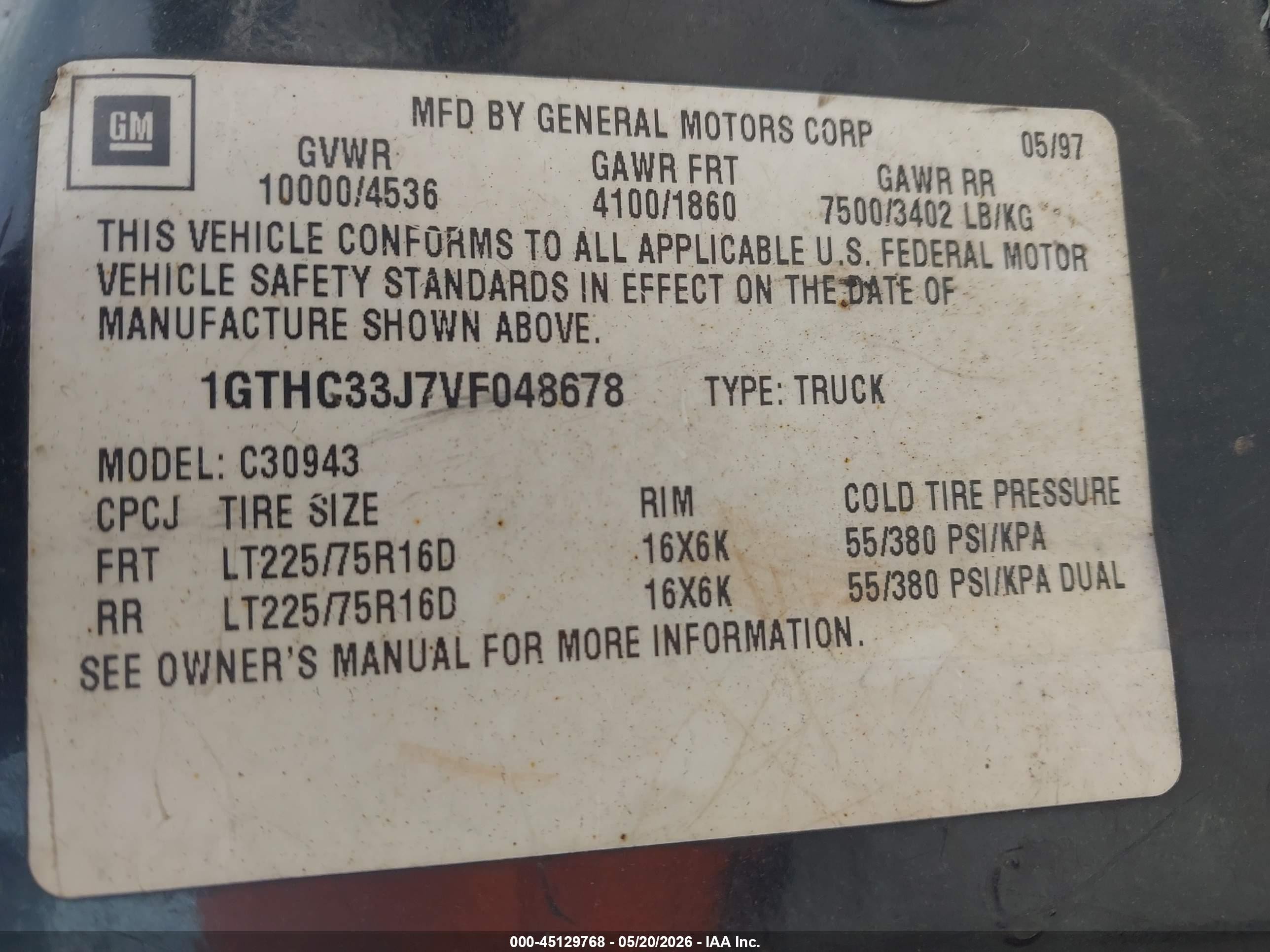 1997 Gmc Sierra 3500 Hd Sl Black vin: 1GTHC33J7VF048678