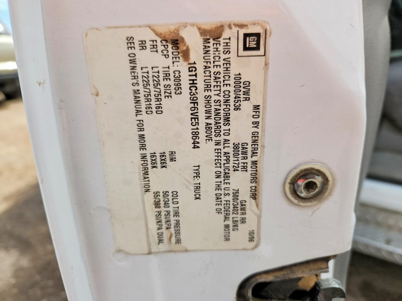 1997 Gmc Sierra C3500 White vin: 1GTHC39F6VE518644